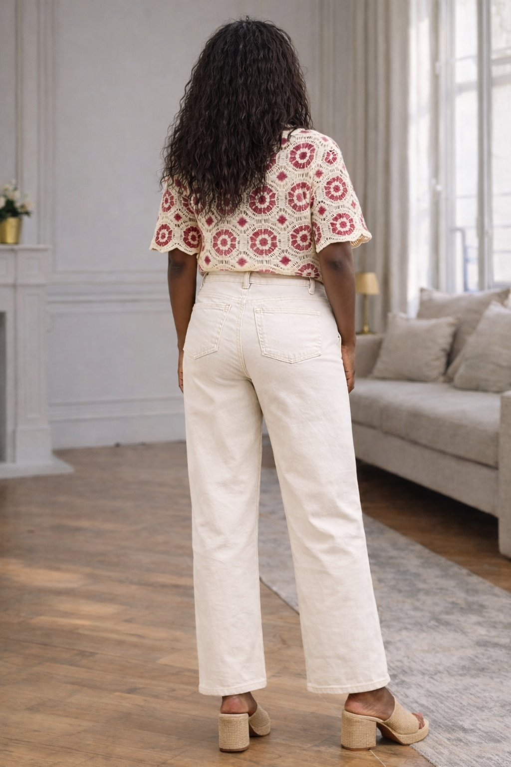 pantalon droit beige femme en coton stretch