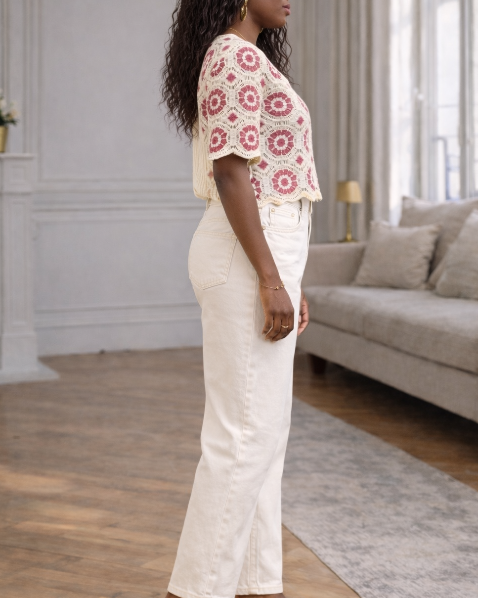 pantalon droit beige femme en coton stretch