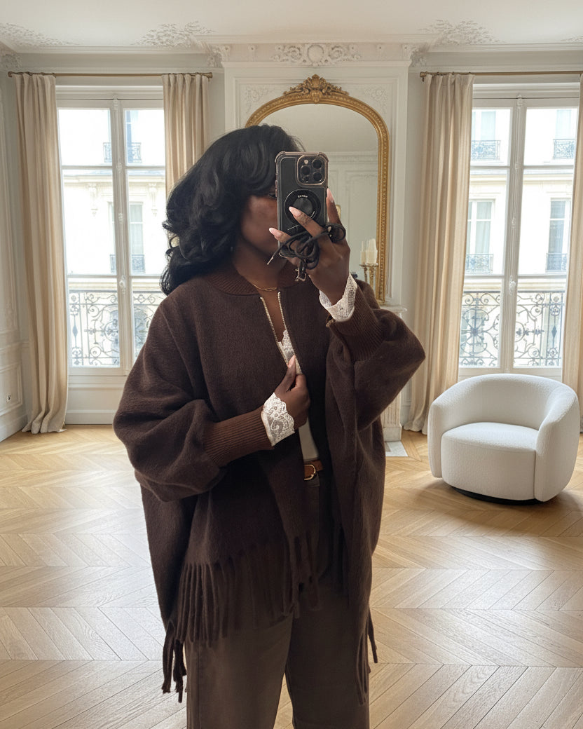 poncho femme hiver, veste à franges marron, poncho zippé oversize, cape laine femme, veste bohème chic, veste ample automne hiver