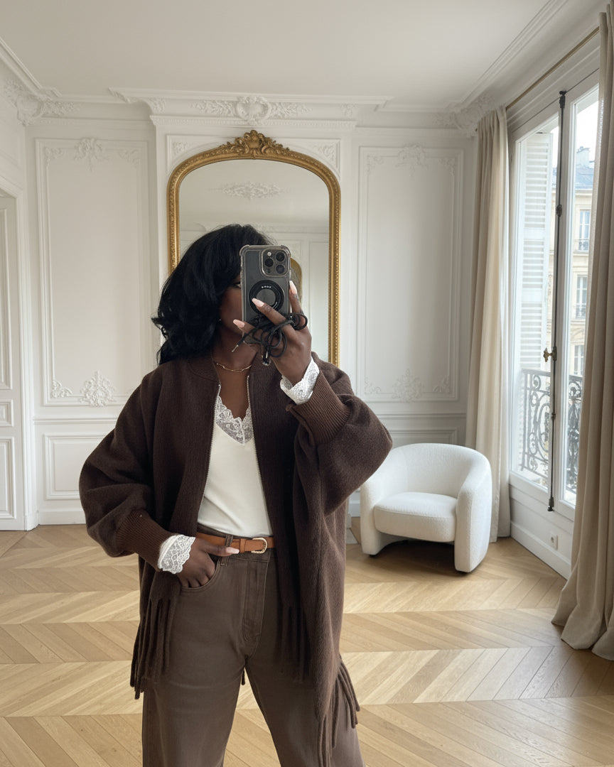 poncho femme hiver, veste à franges marron, poncho zippé oversize, cape laine femme, veste bohème chic, veste ample automne hiver