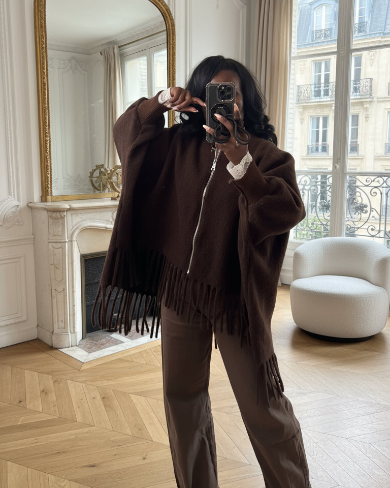 poncho femme hiver, veste à franges marron, poncho zippé oversize, cape laine femme, veste bohème chic, veste ample automne hiver