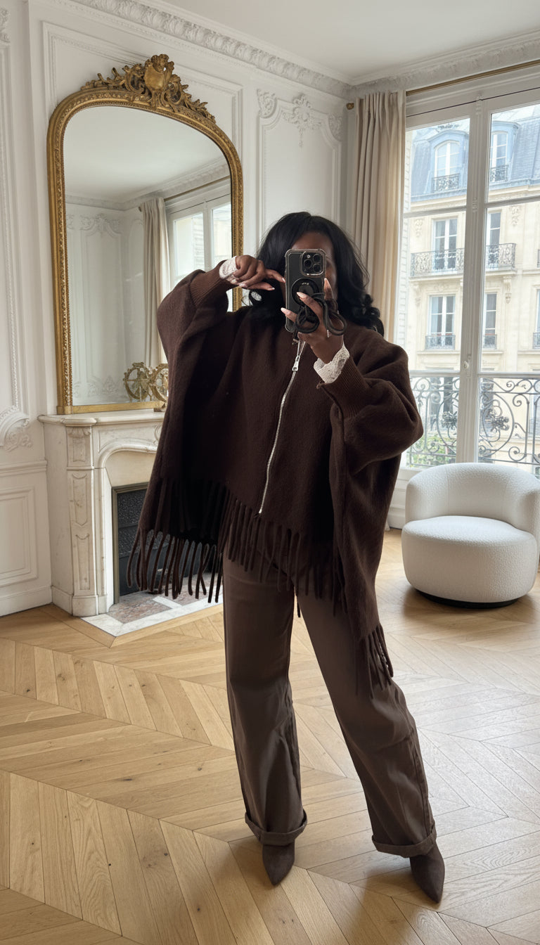 poncho femme hiver, veste à franges marron, poncho zippé oversize, cape laine femme, veste bohème chic, veste ample automne hiver