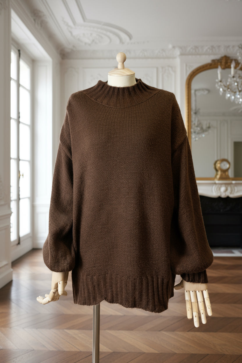 pull chocolat femme, pull oversize maille, pull manches bouffantes, pull col montant hiver, pull chaud italien, pull ample automne hiver, maille douce femme