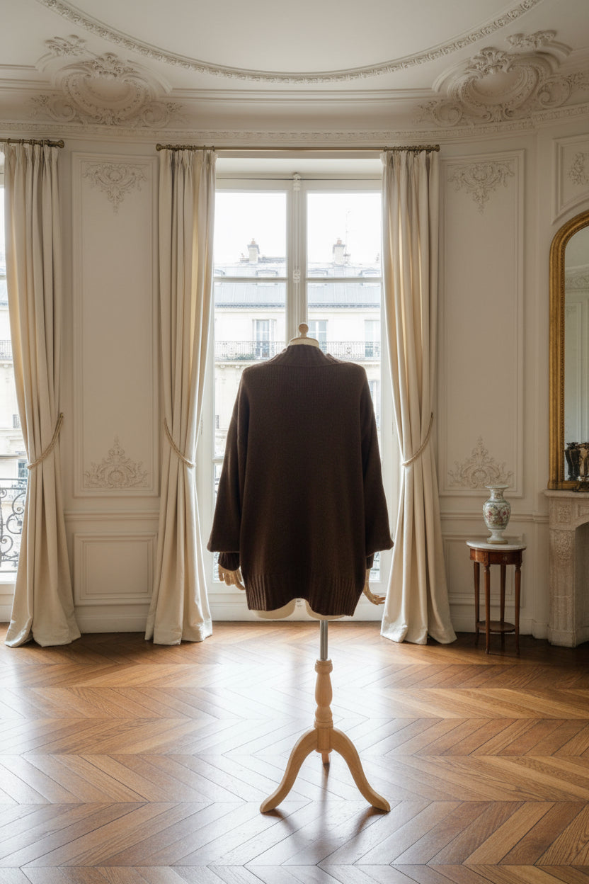 pull chocolat femme, pull oversize maille, pull manches bouffantes, pull col montant hiver, pull chaud italien, pull ample automne hiver, maille douce femme