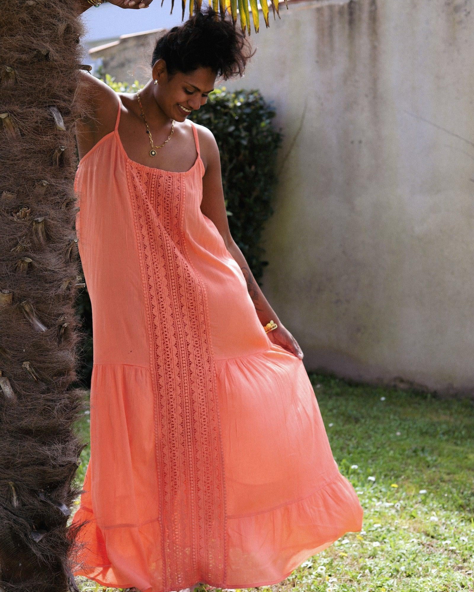 Robe à Fines Bretelles Orange avec Ruban Décoratif - beautifulshop