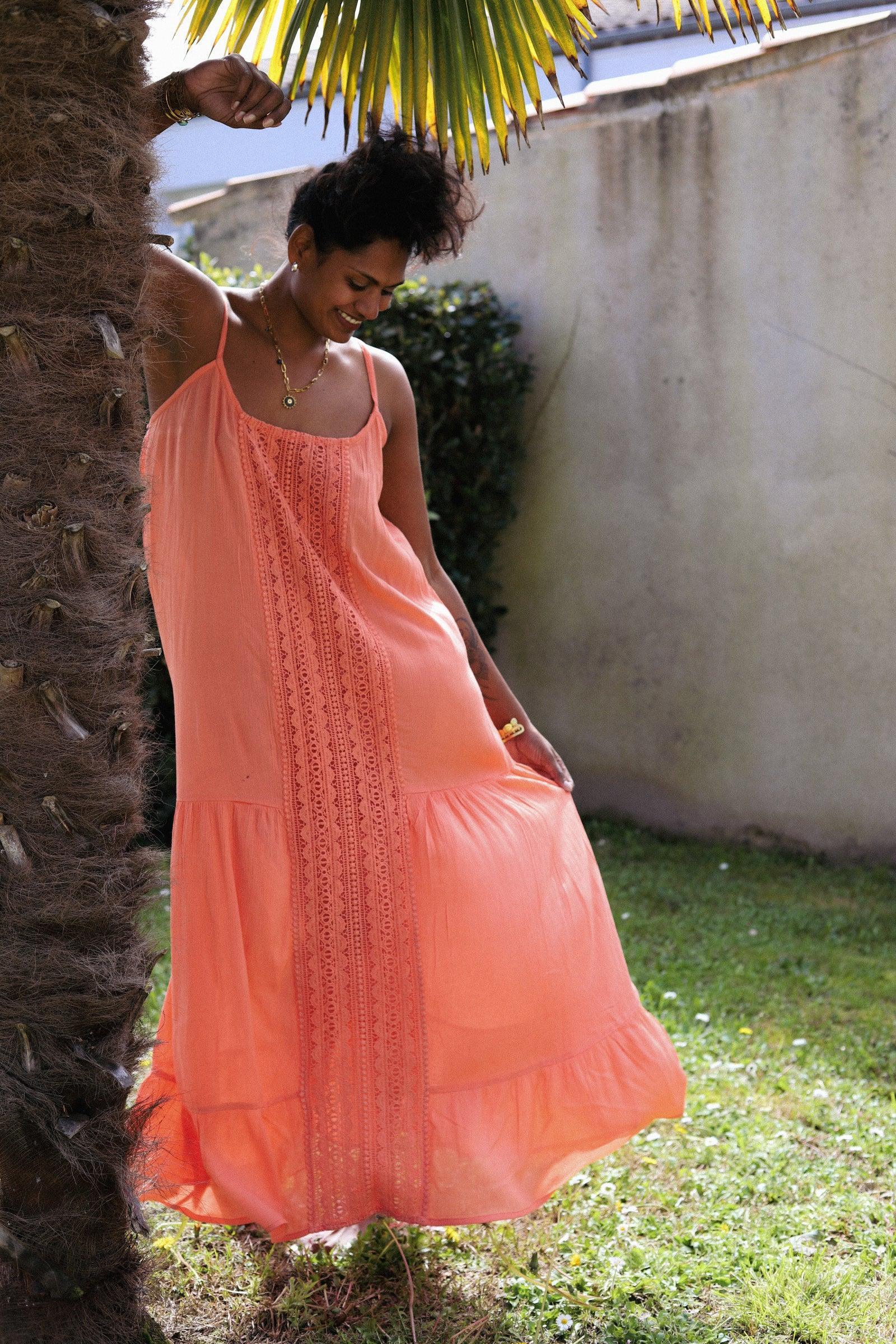 Robe à Fines Bretelles Orange avec Ruban Décoratif - beautifulshop