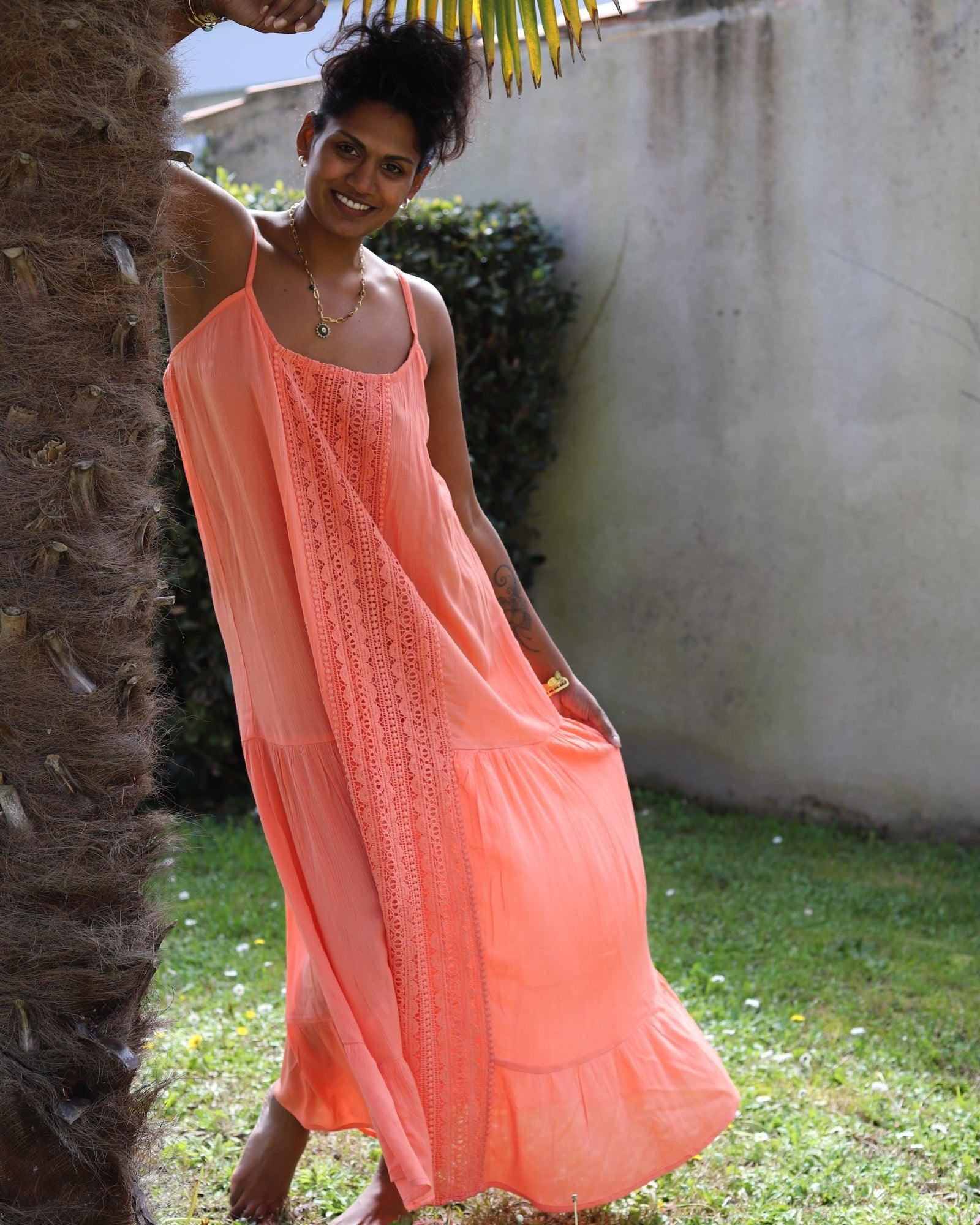 Robe à Fines Bretelles Orange avec Ruban Décoratif - beautifulshop