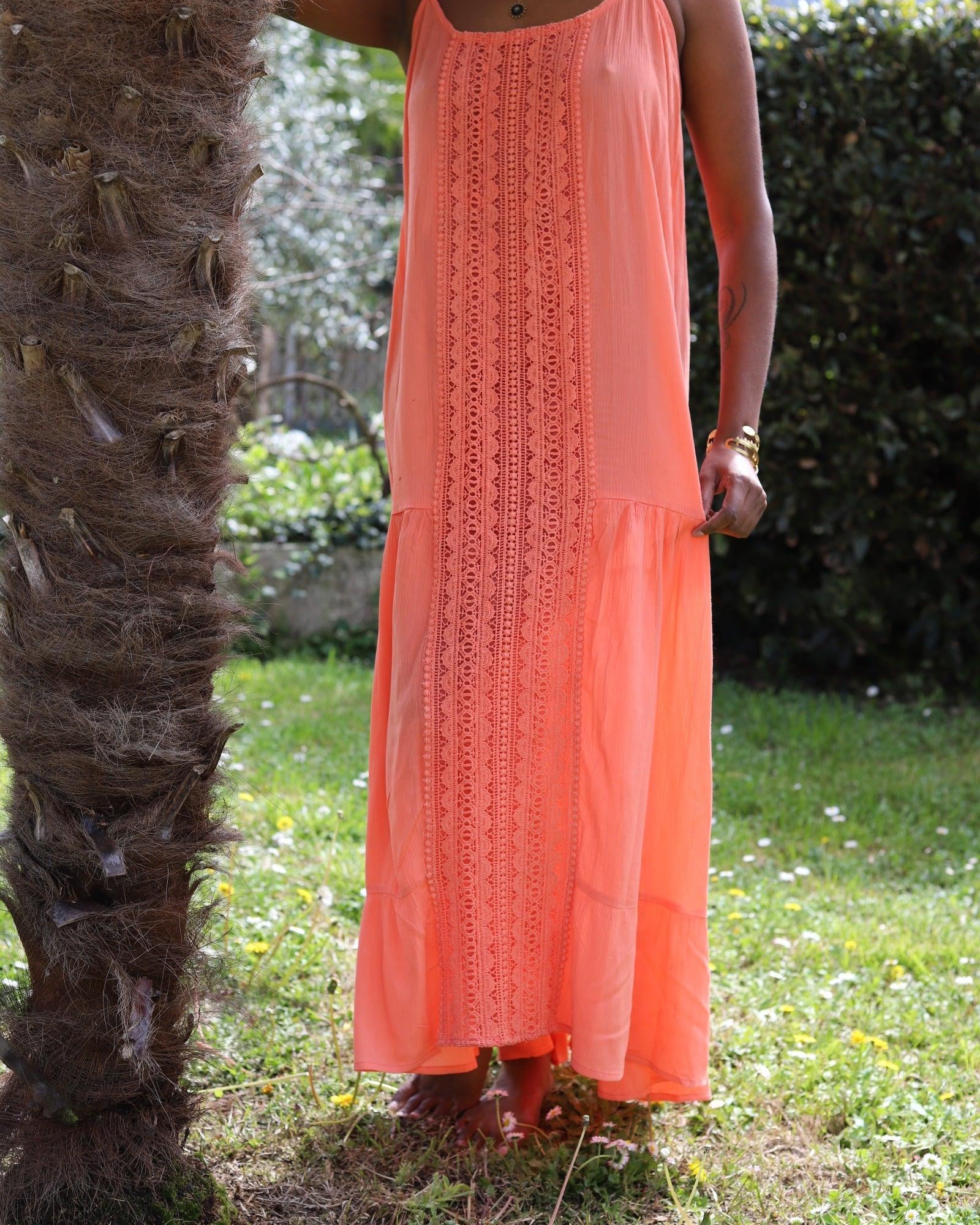 Robe à Fines Bretelles Orange avec Ruban Décoratif - beautifulshop