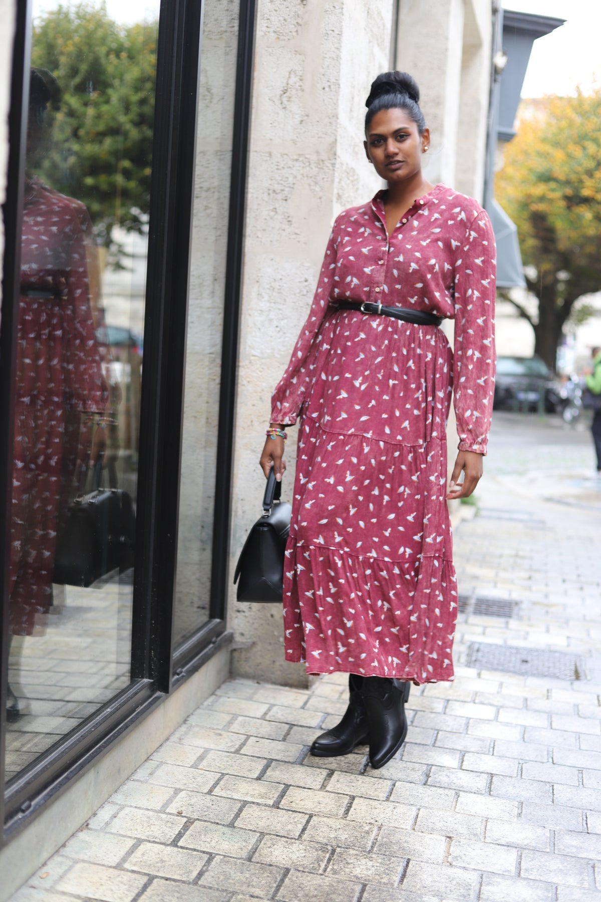 Robe chemise longue marron à imprimé feuillage – Beautiful Shop