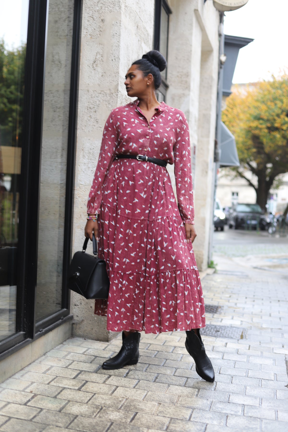 Robe chemise longue marron à imprimé feuillage – Beautiful Shop