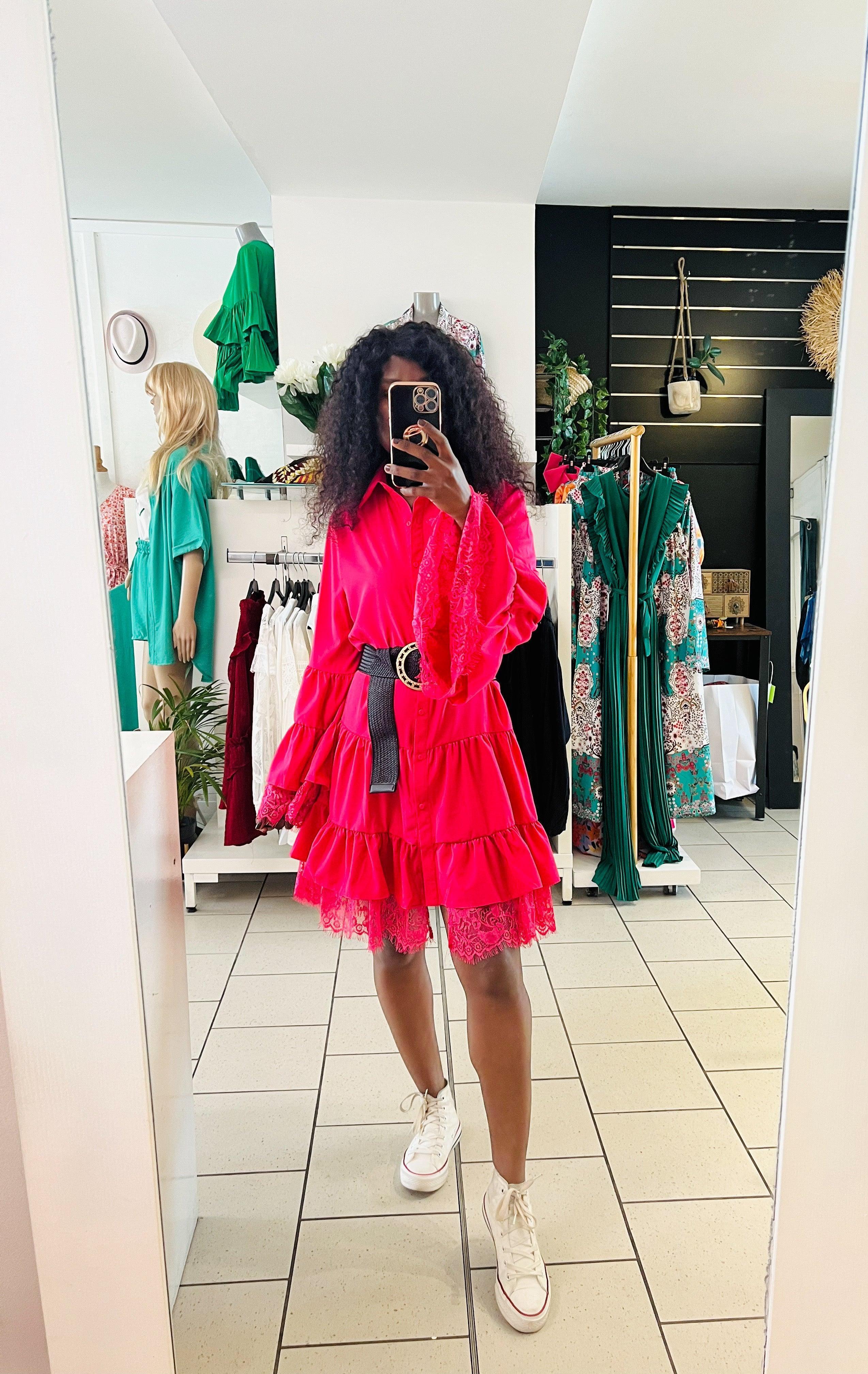 Robe chemise rose detail dentelle - beautifulshop