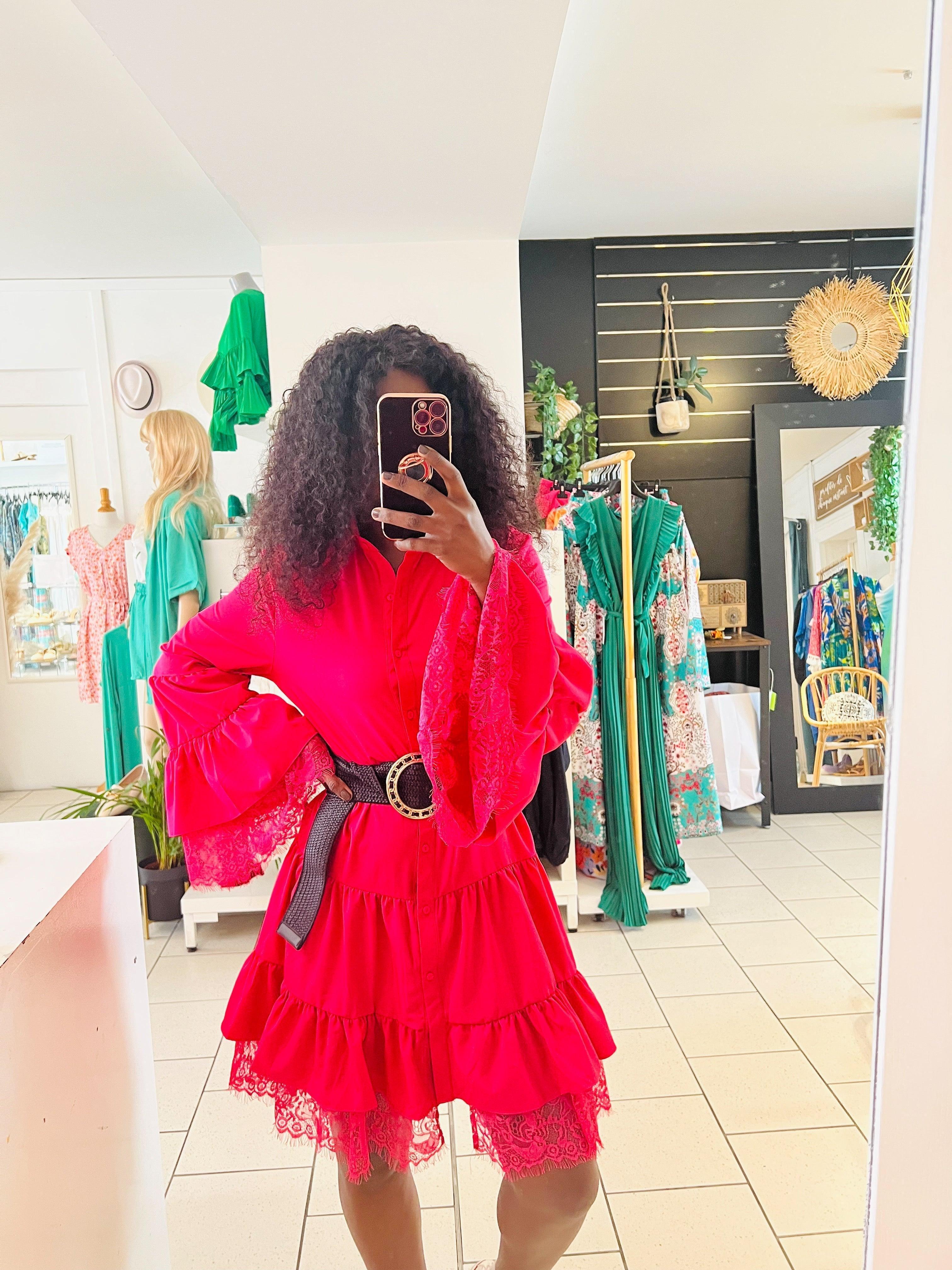 Robe chemise rose detail dentelle - beautifulshop