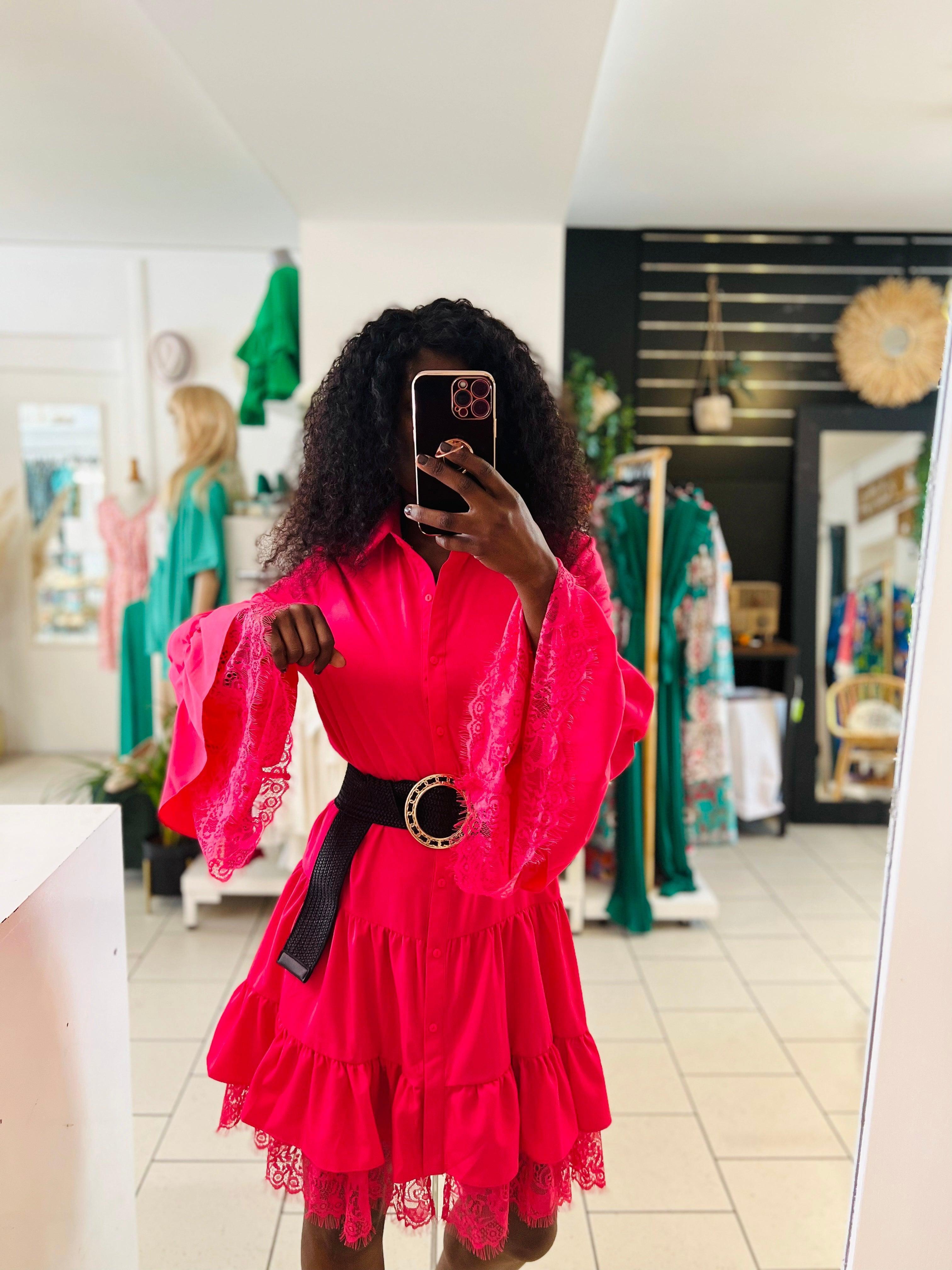 Robe chemise rose detail dentelle - beautifulshop