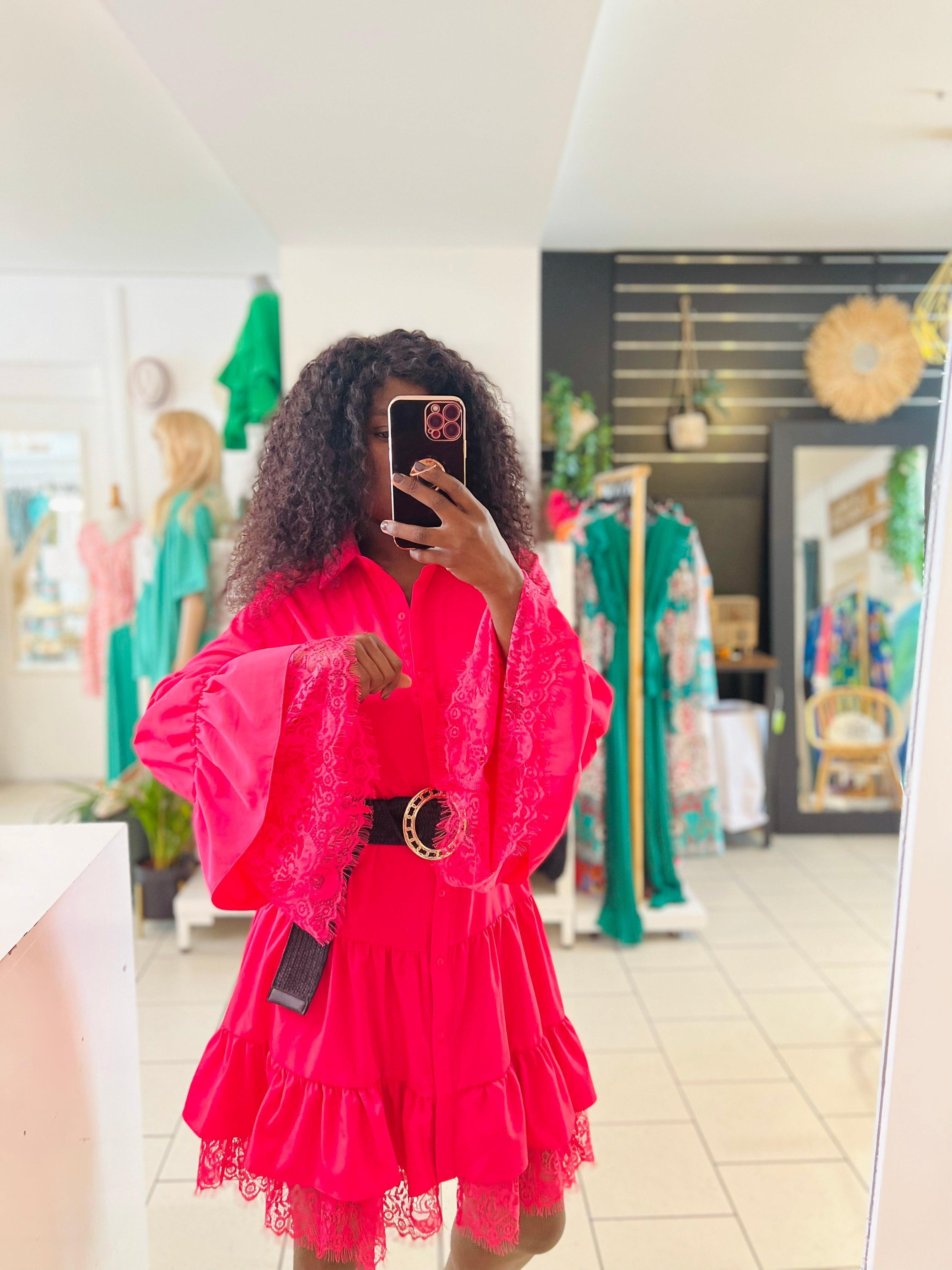 Robe chemise rose detail dentelle - beautifulshop