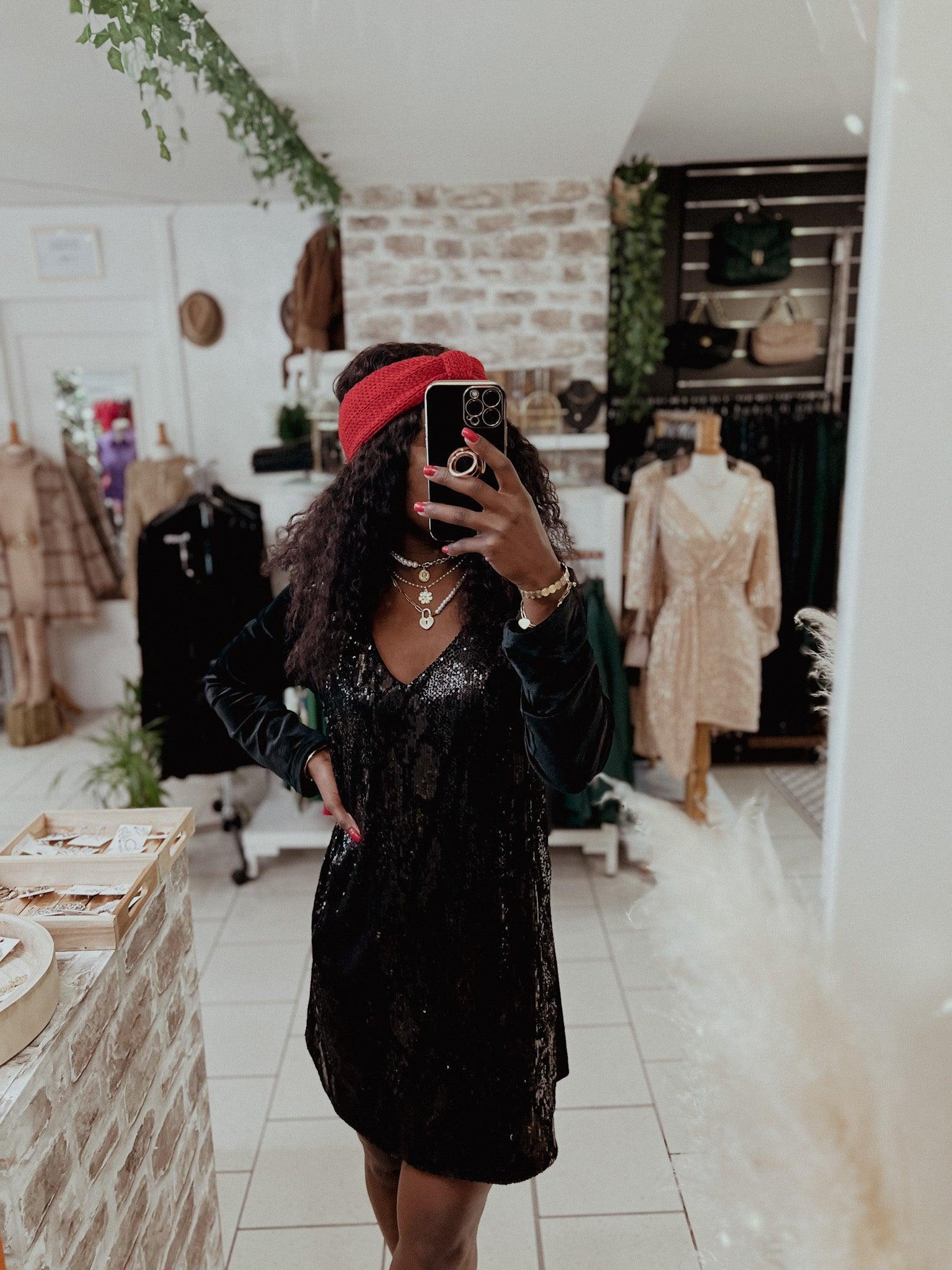 Robe en sequins bi-matière noire dos ouvert - beautifulshop