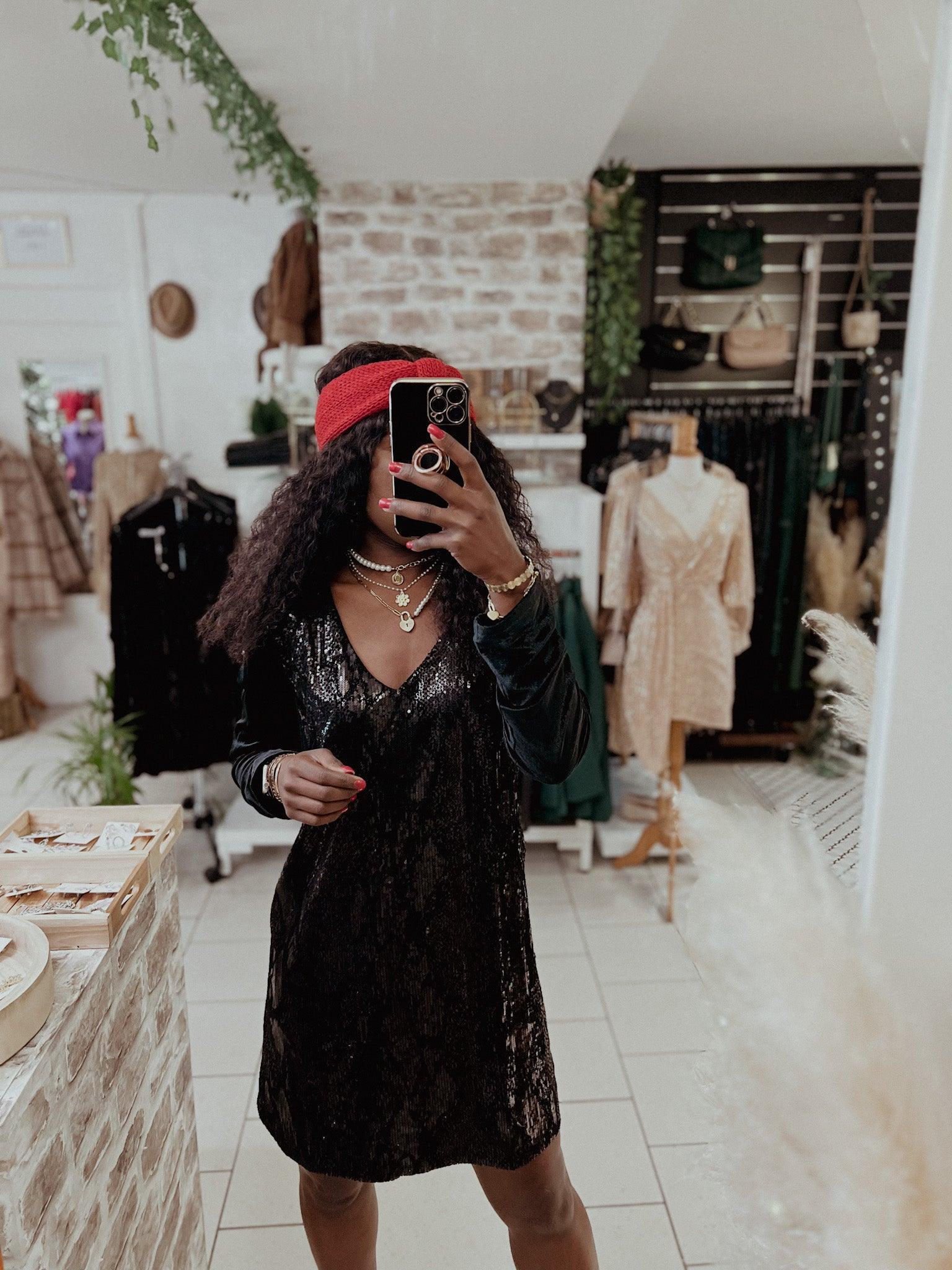 Robe en sequins bi-matière noire dos ouvert - beautifulshop