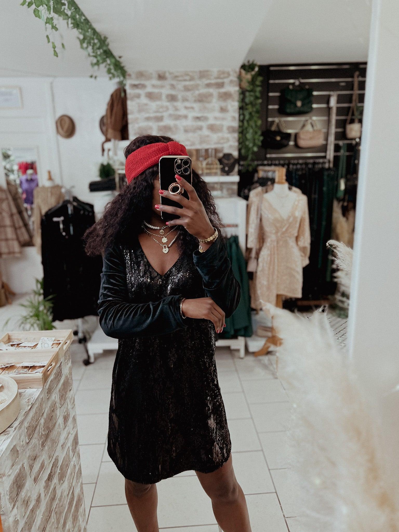 Robe en sequins bi-matière noire dos ouvert - beautifulshop