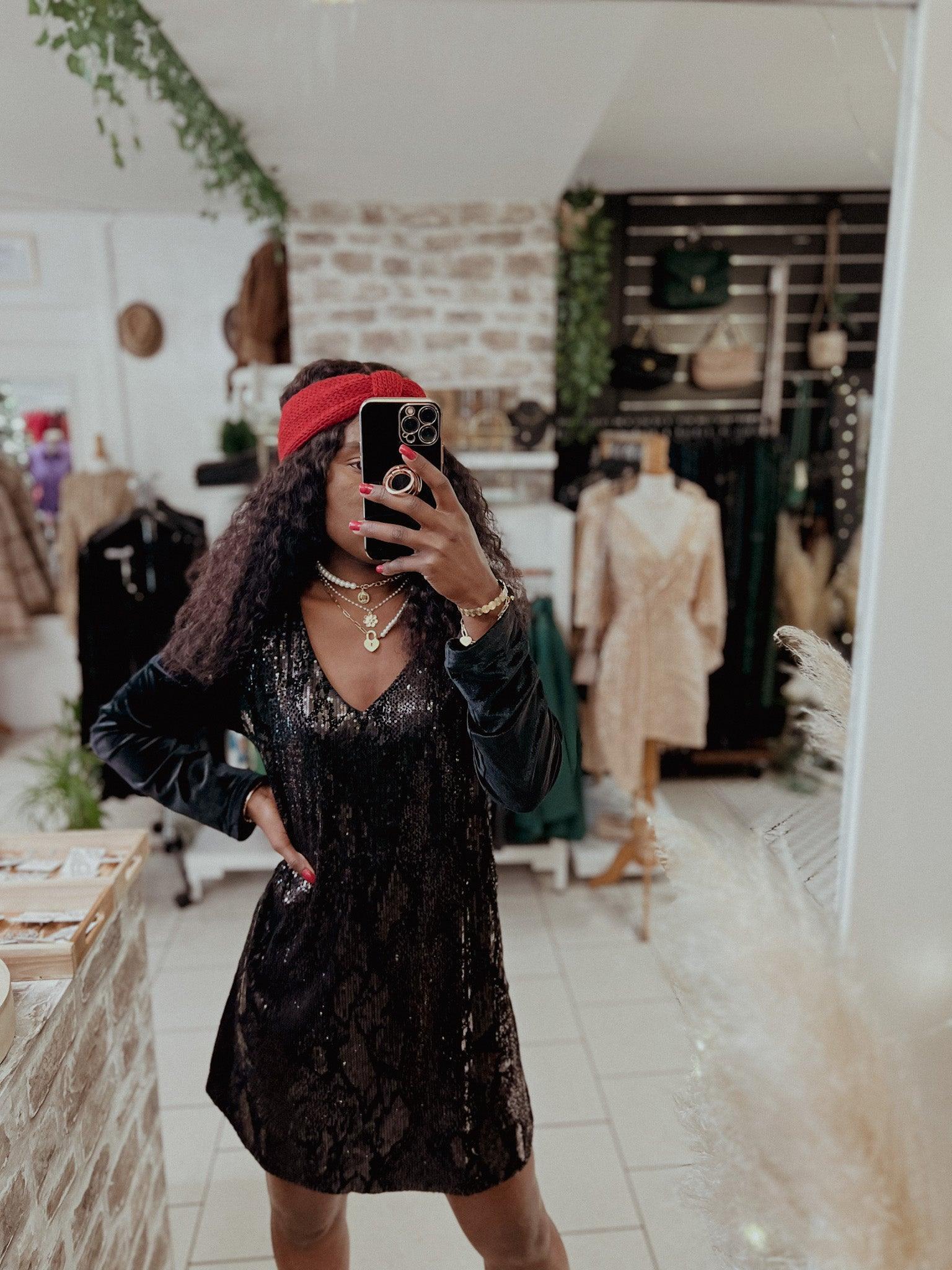 Robe en sequins bi-matière noire dos ouvert - beautifulshop