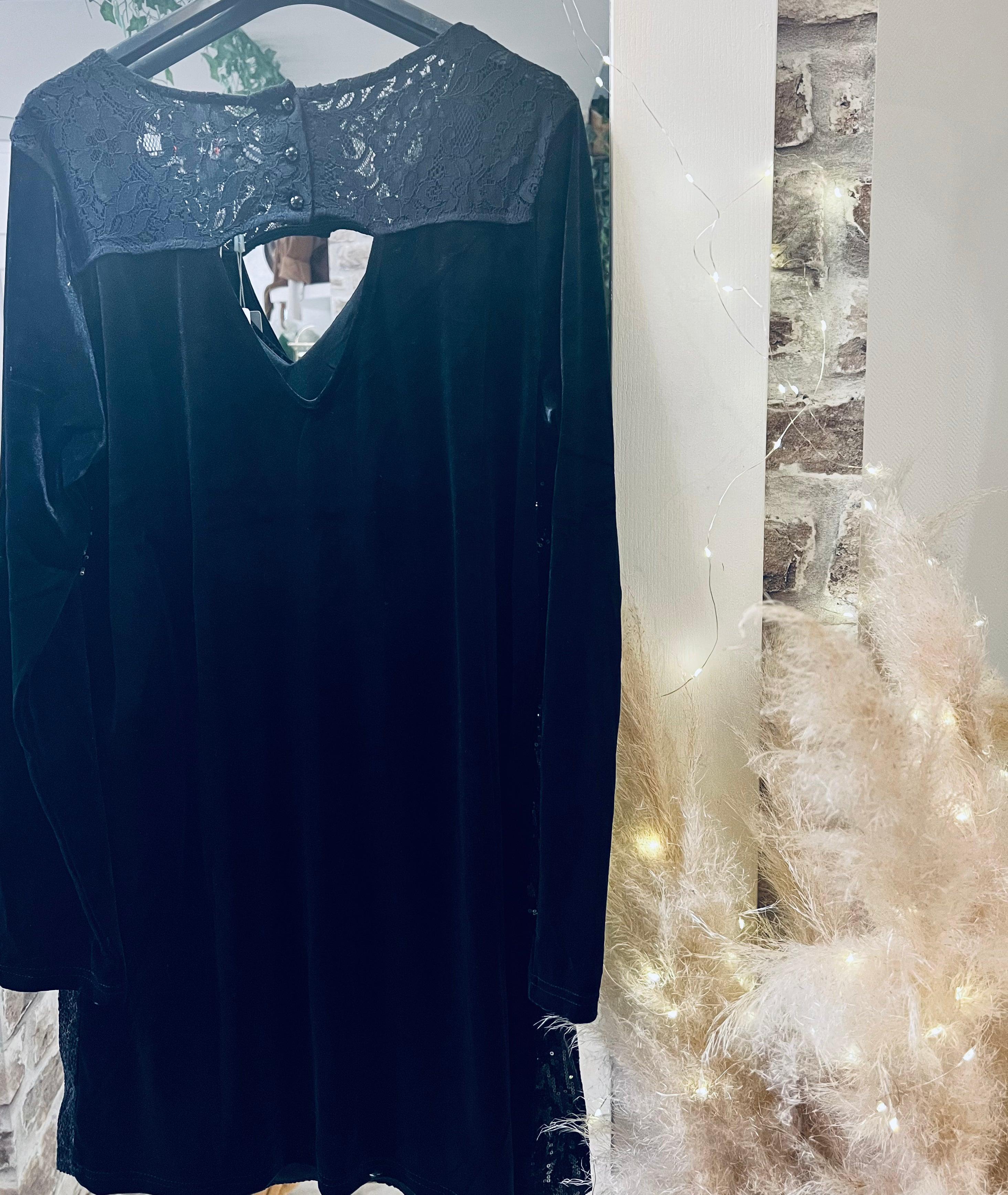 Robe en sequins bi-matière noire dos ouvert - beautifulshop