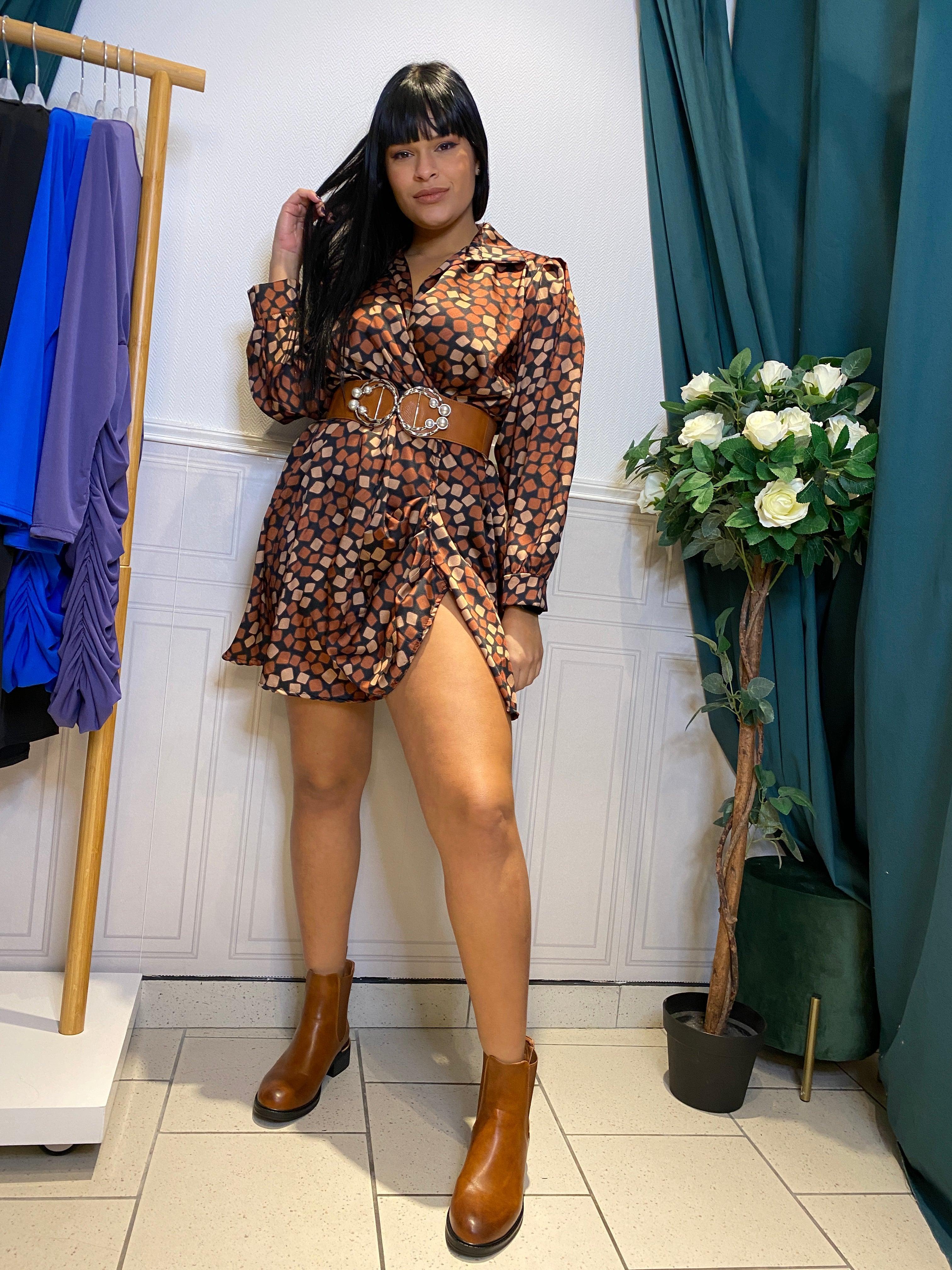 Robe Encolure En V Motif Géométrique - beautifulshop