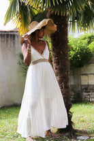 Robe Longue Beige à Bretelles Fines et Broderie - beautifulshop