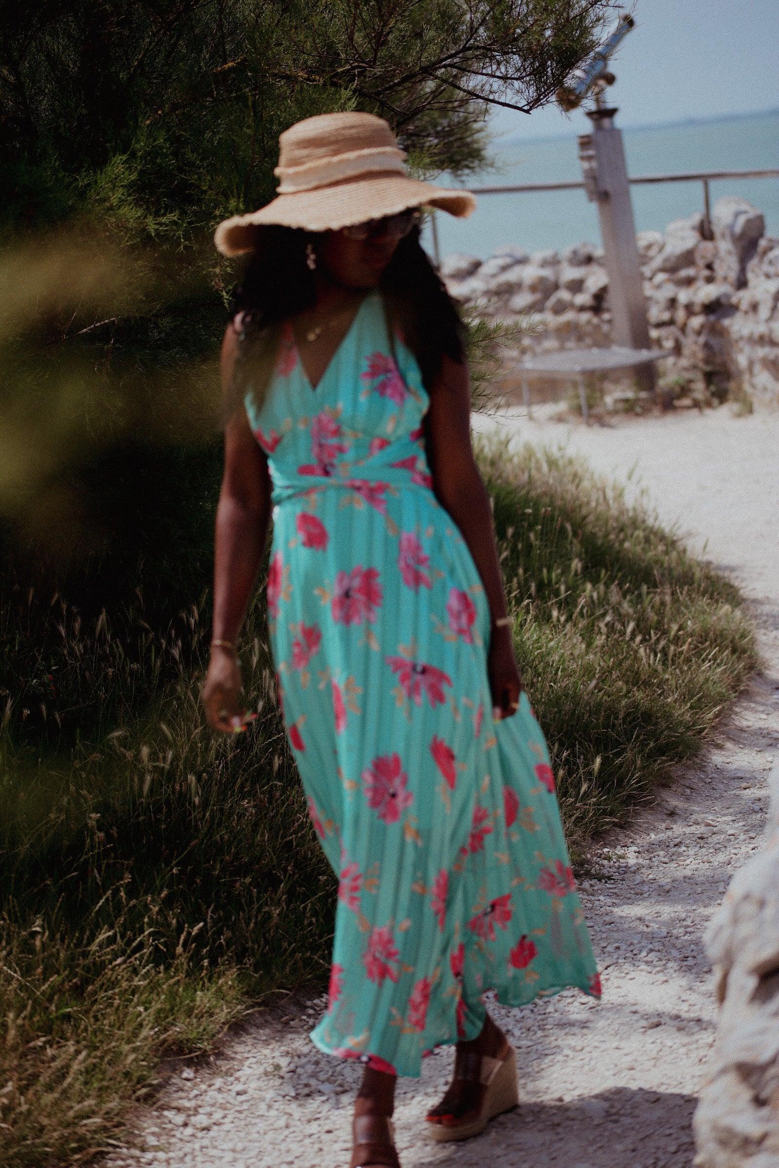 Robe Longue Dos Nu, Col V - Imprimé aux Tons Verts Brésil - beautifulshop