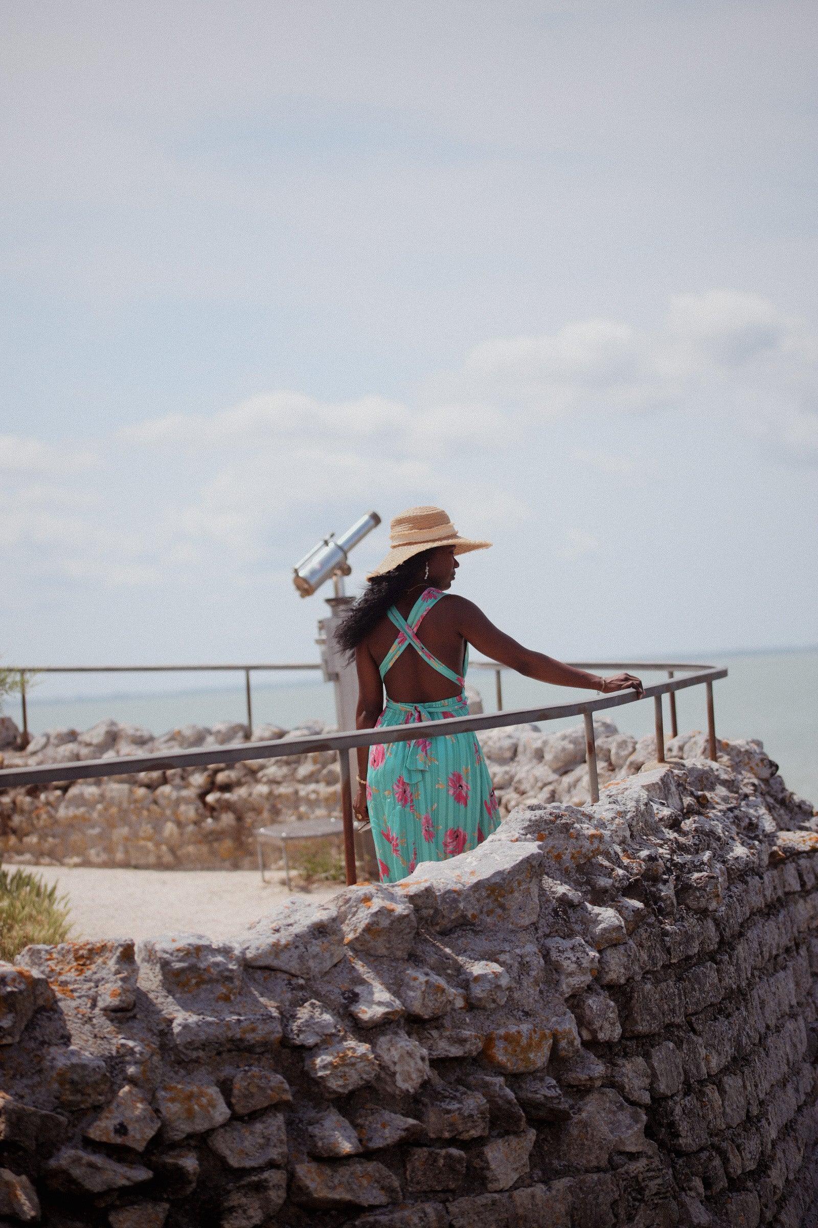 Robe Longue Dos Nu, Col V - Imprimé aux Tons Verts Brésil - beautifulshop