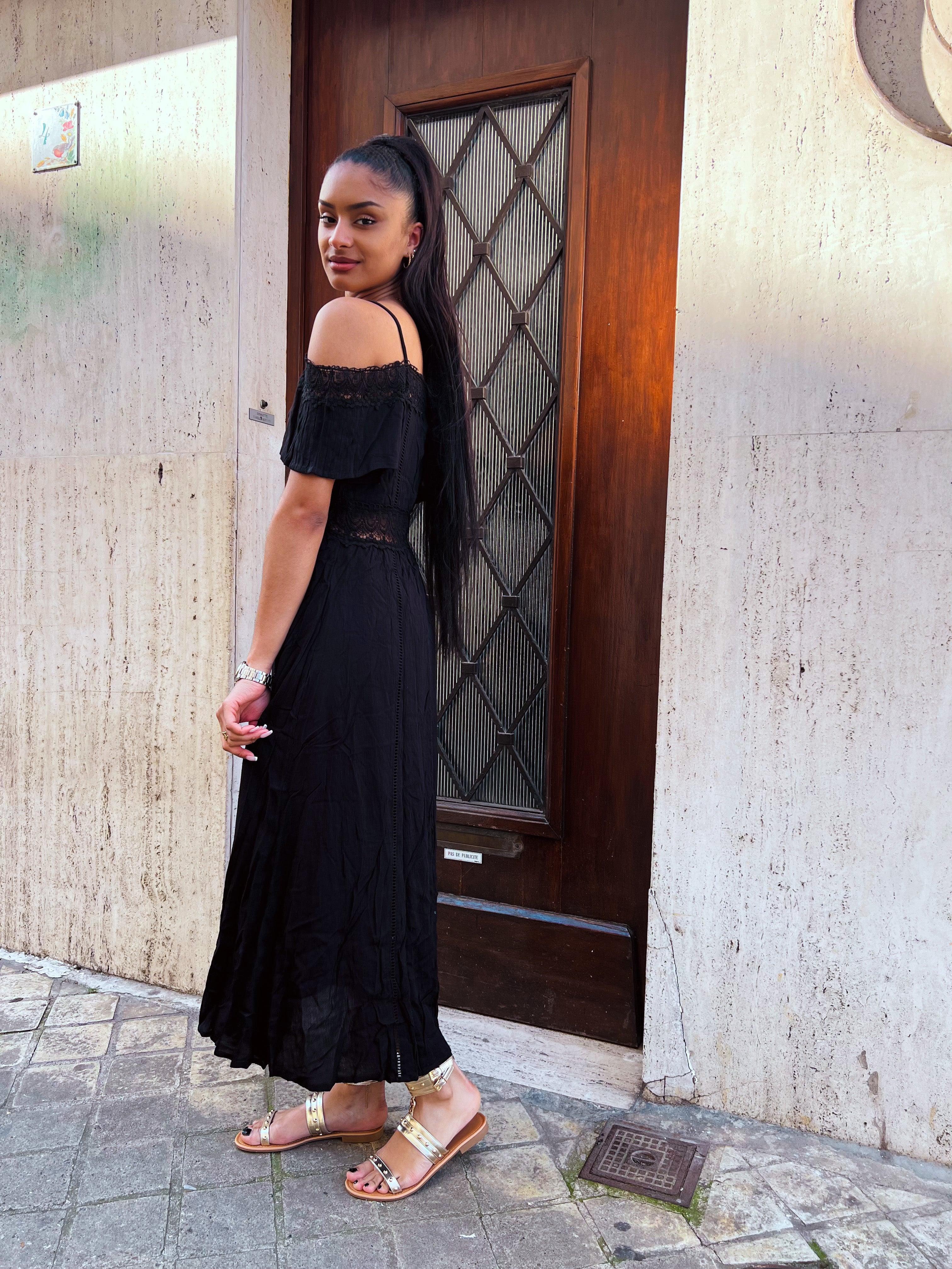 Robe longue noire à bretelles fines - beautifulshop