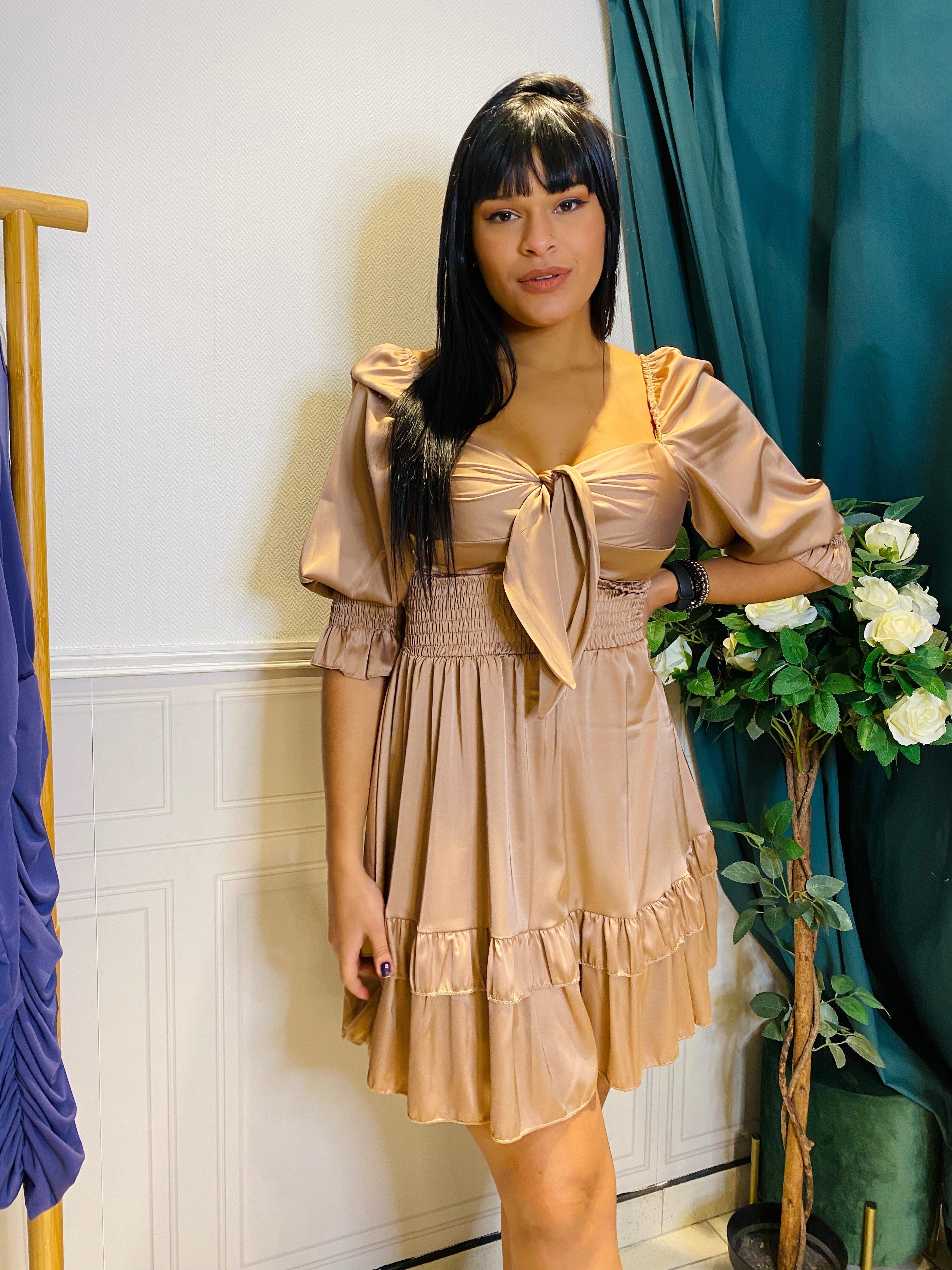 Robe Satin À Volants Avec Noeud - beautifulshop