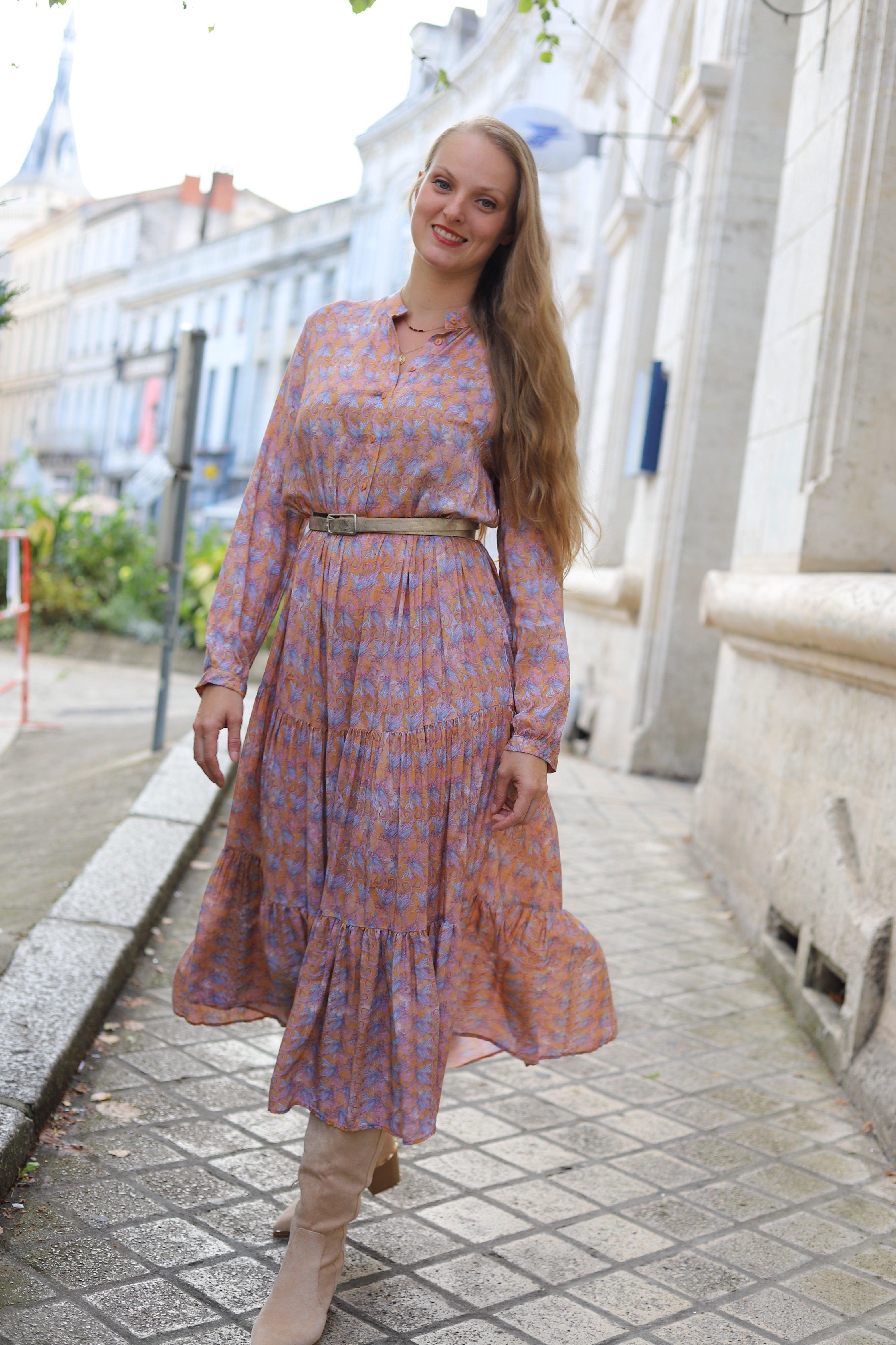 Robe Vaporeuse Volantée à Imprimé, Manches Bouffantes - beautifulshop