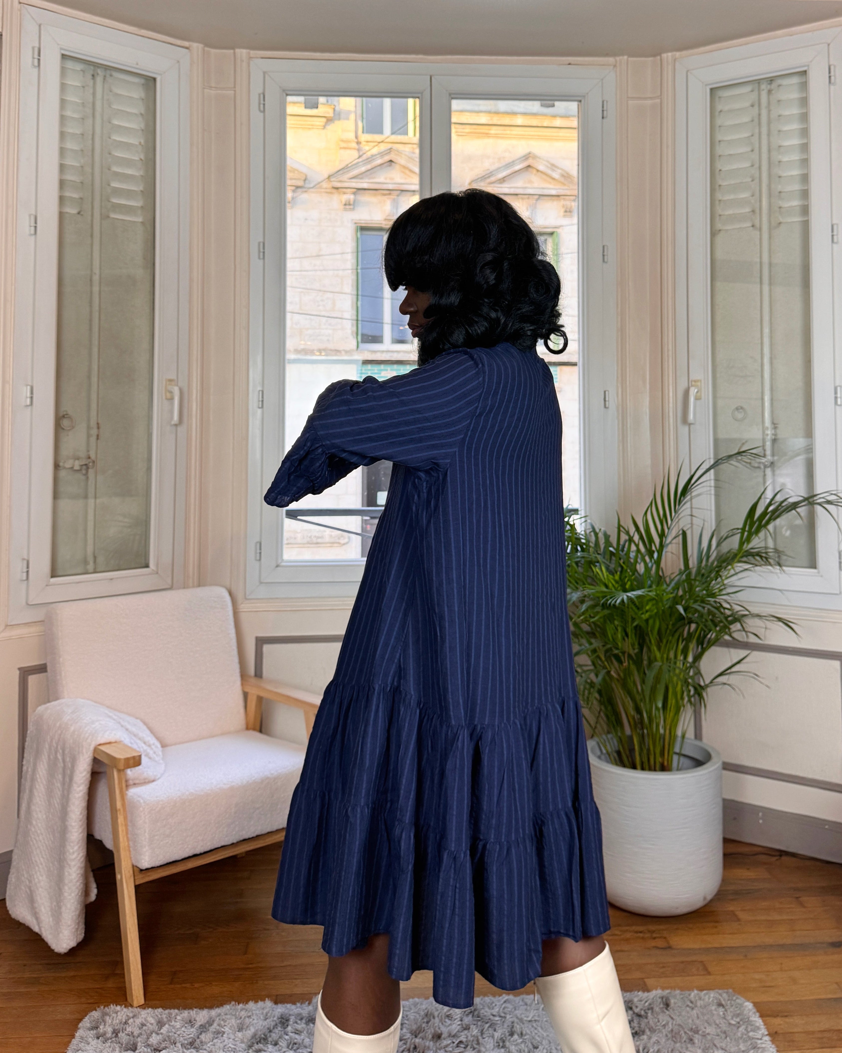 robe courte bohème, robe évasée bleu marine, robe tunique automne hiver, robe à rayures femme, robe fluide mi-longue