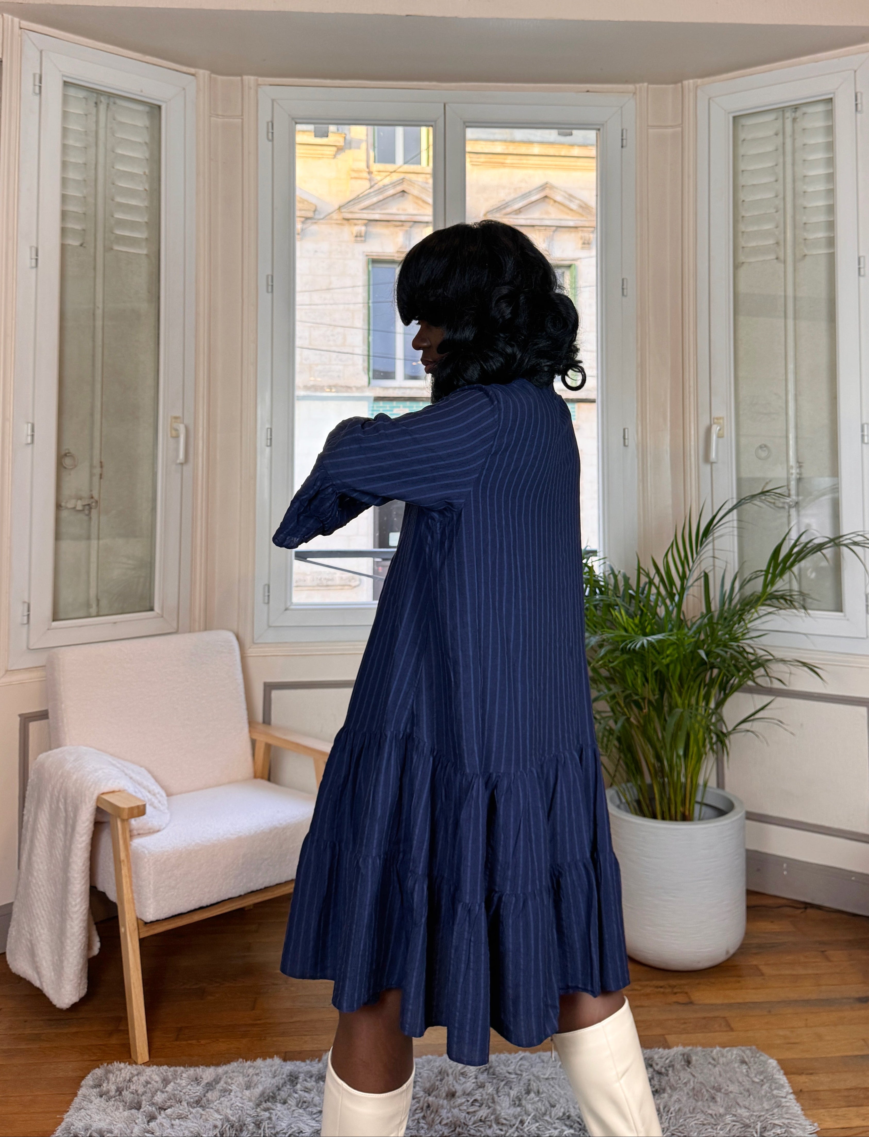 robe courte bohème, robe évasée bleu marine, robe tunique automne hiver, robe à rayures femme, robe fluide mi-longue