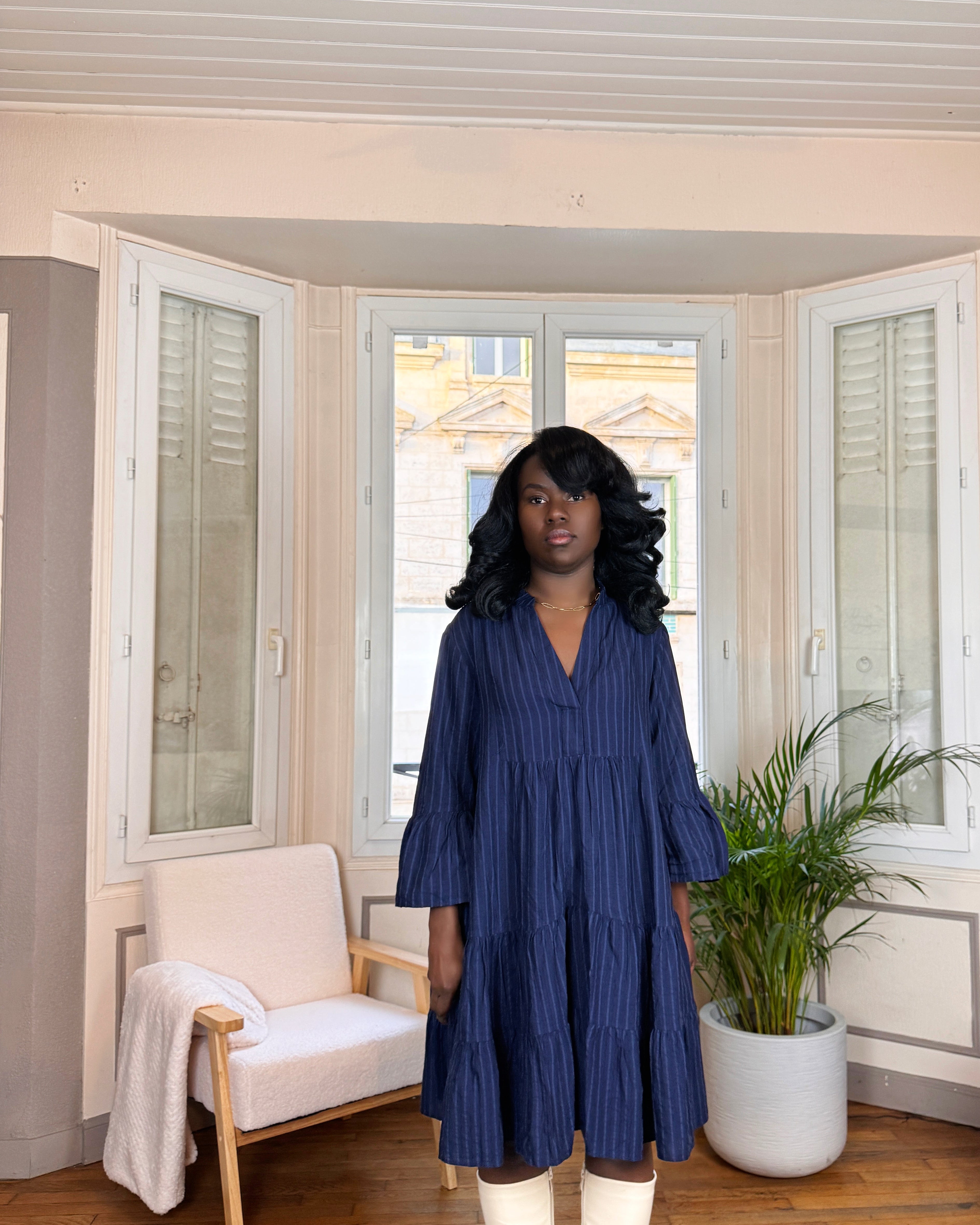 robe courte bohème, robe évasée bleu marine, robe tunique automne hiver, robe à rayures femme, robe fluide mi-longue