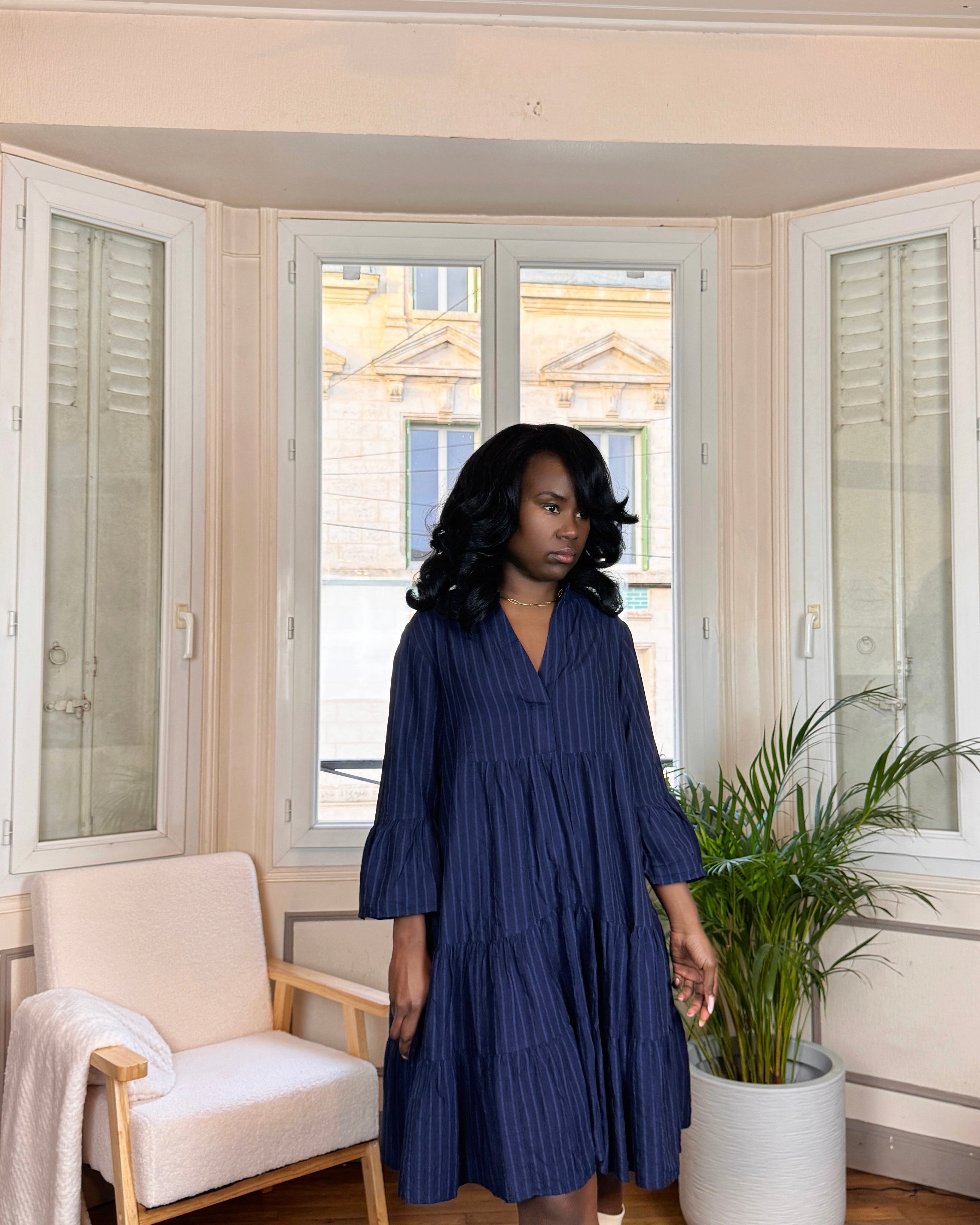 robe courte bohème, robe évasée bleu marine, robe tunique automne hiver, robe à rayures femme, robe fluide mi-longue