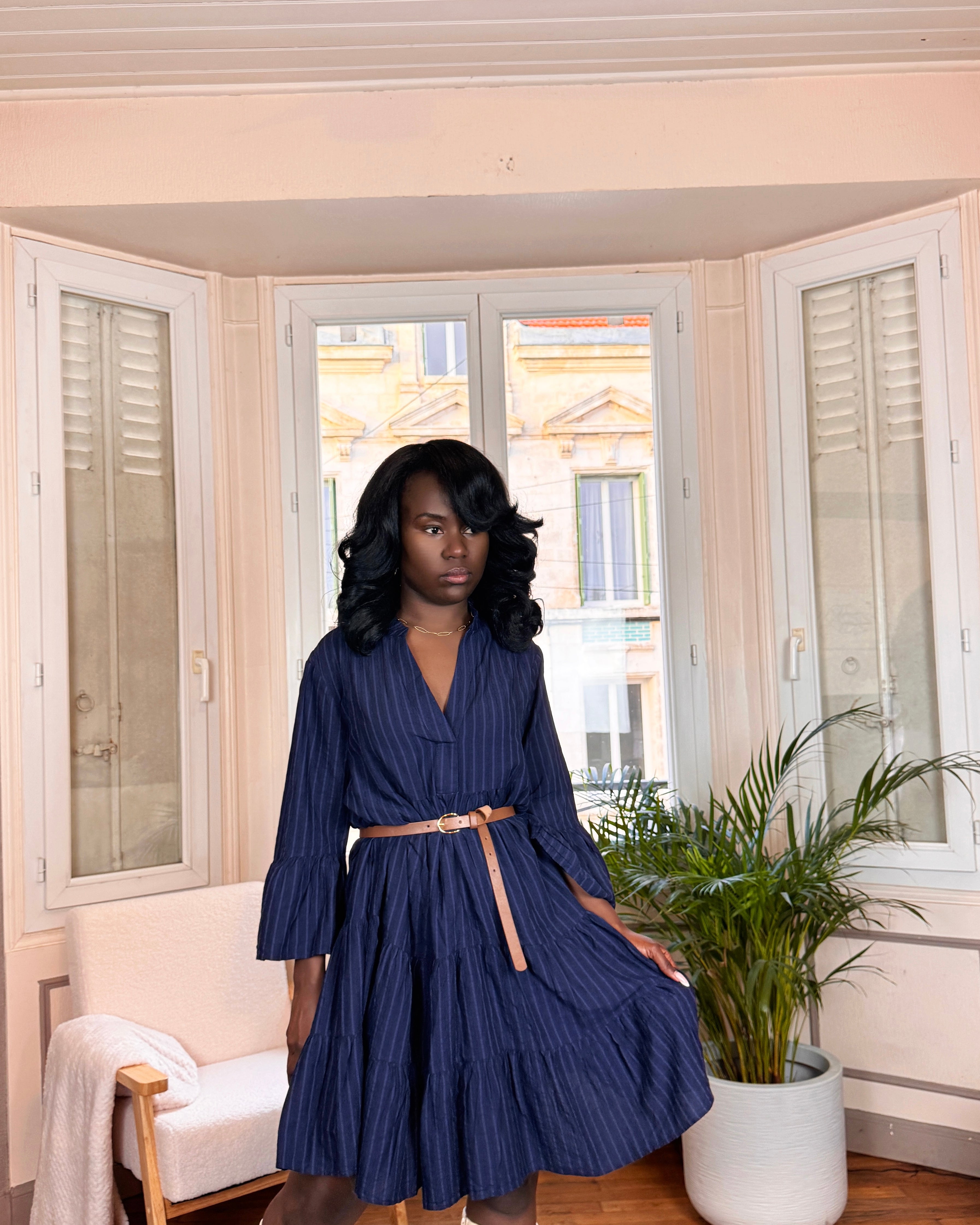 robe courte bohème, robe évasée bleu marine, robe tunique automne hiver, robe à rayures femme, robe fluide mi-longue