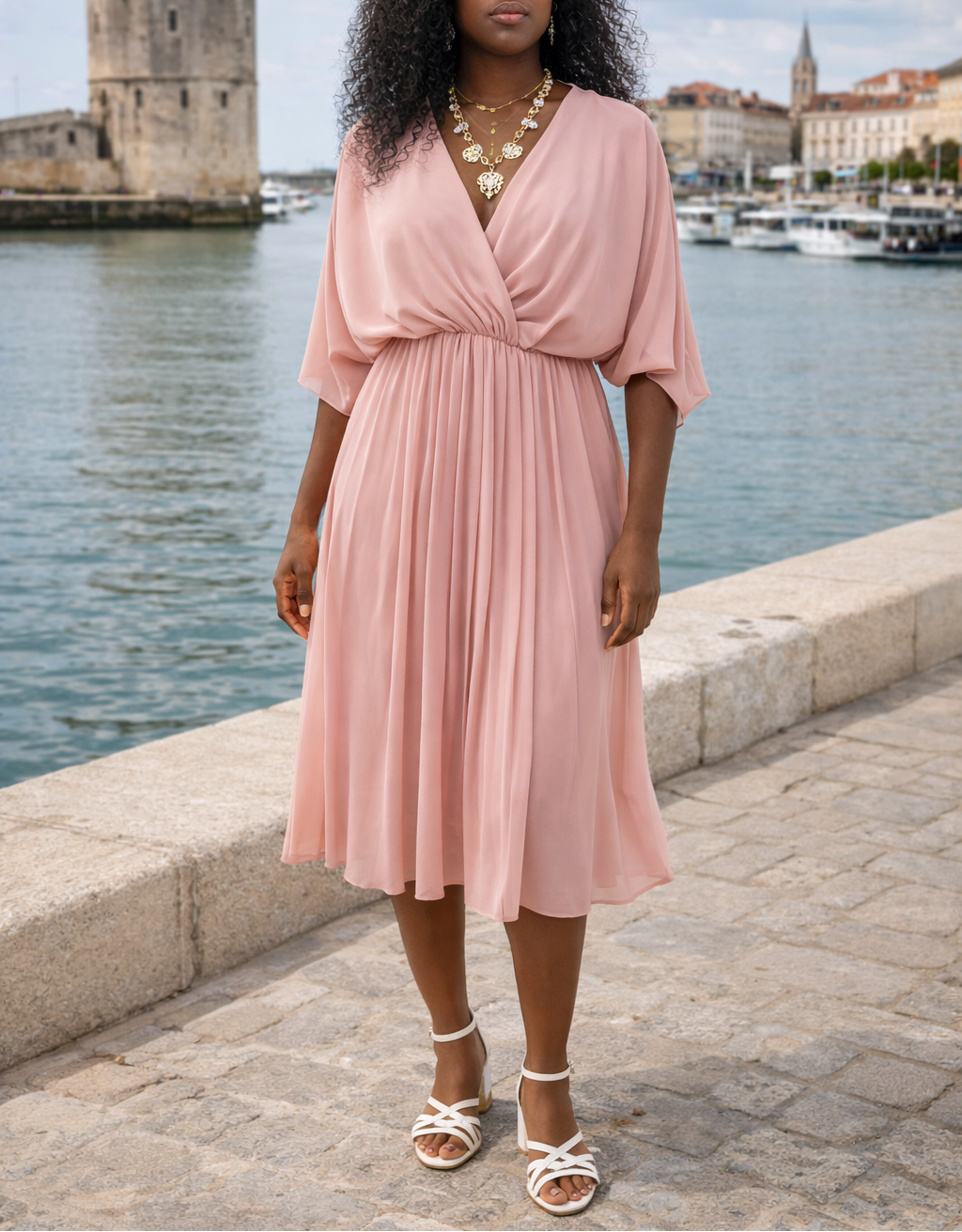 robe courte rose plissée cache-cœur manches chauve-souris