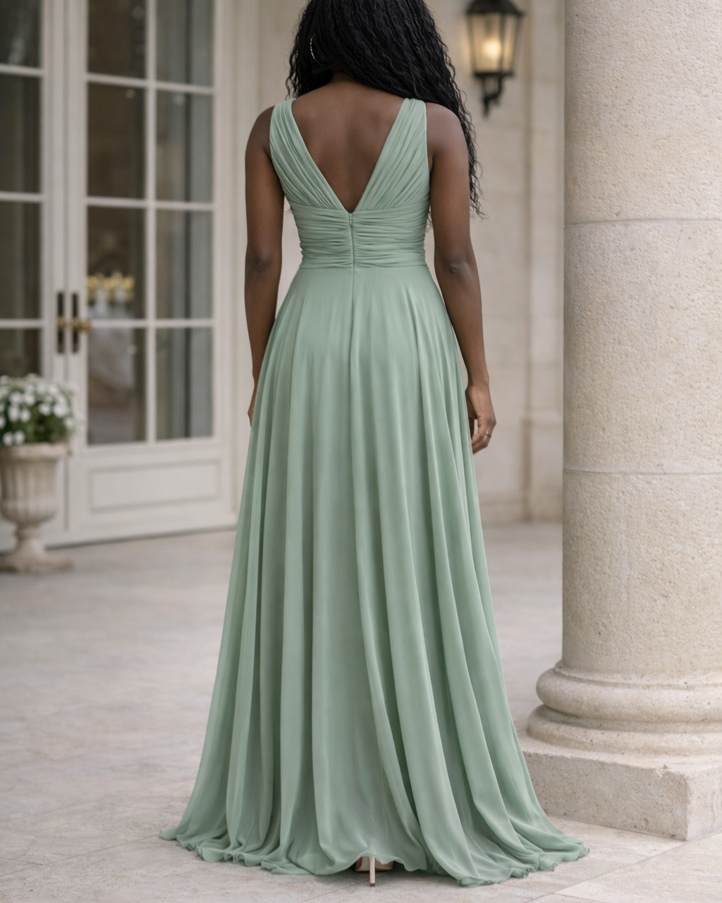 robe de soirée longue vert sauge fluide avec fente haute