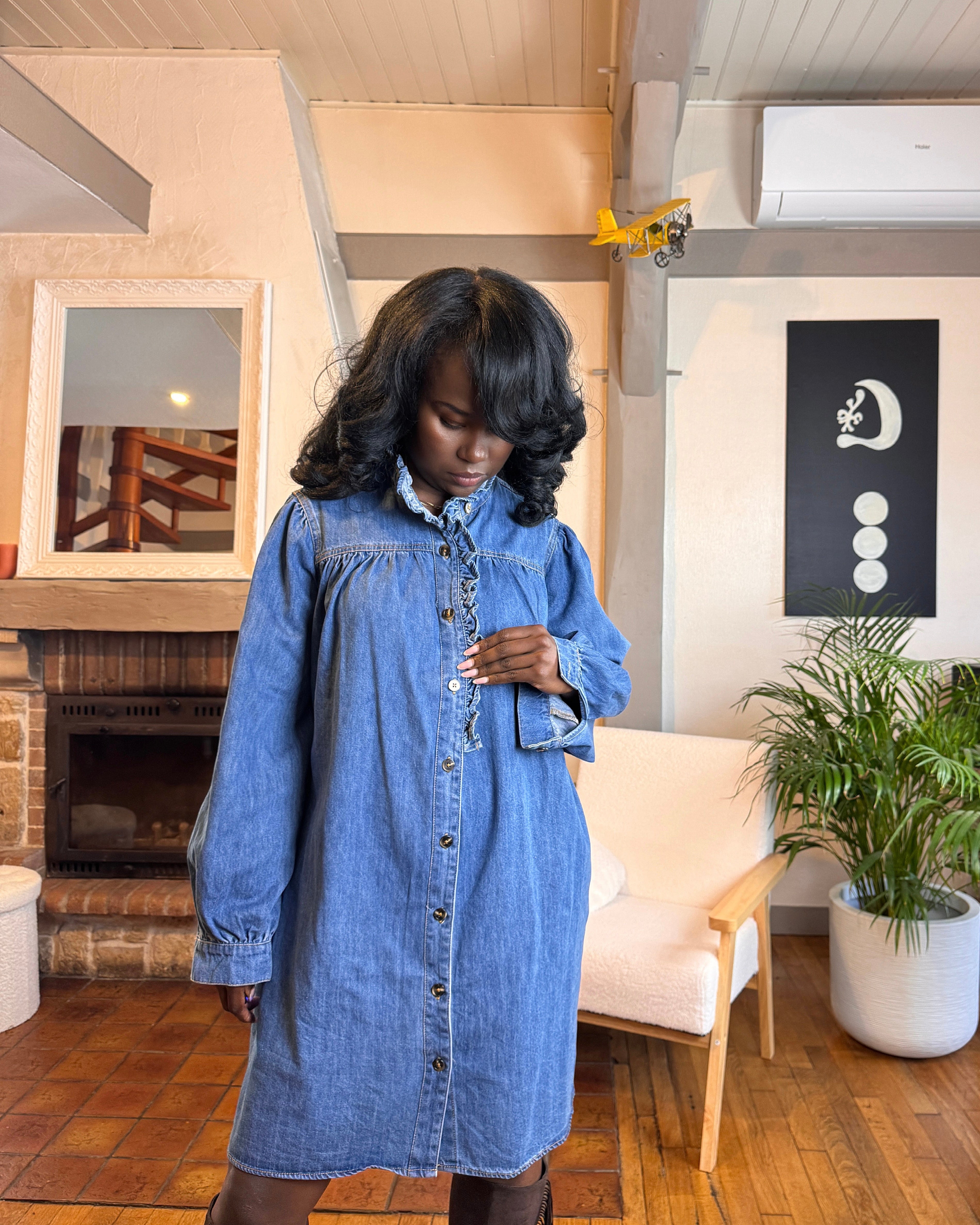 robe en jean courte, robe chemise femme jean, robe denim automne hiver, robe col montant, robe en jean 100% coton