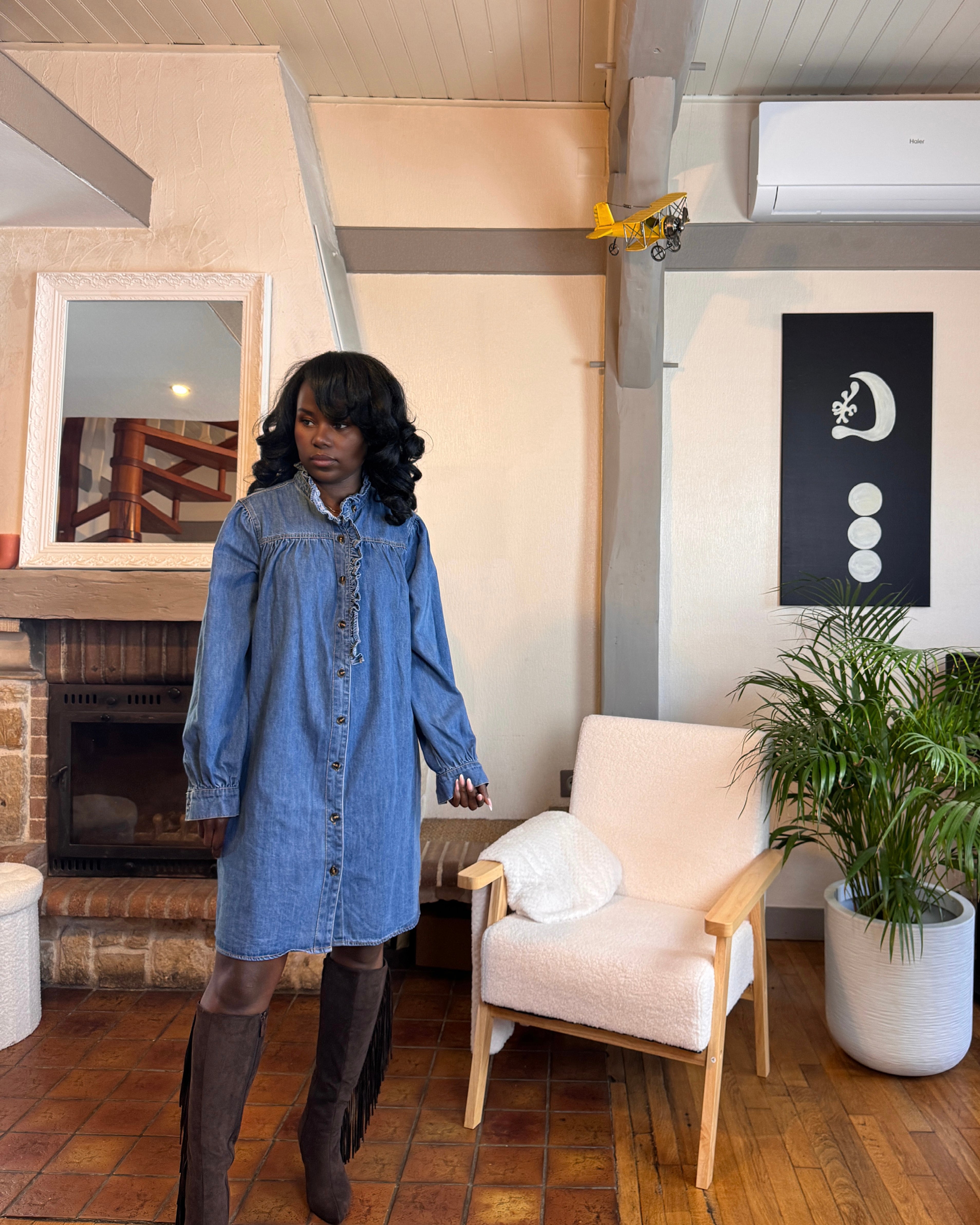 robe en jean courte, robe chemise femme jean, robe denim automne hiver, robe col montant, robe en jean 100% coton-beautifulshop