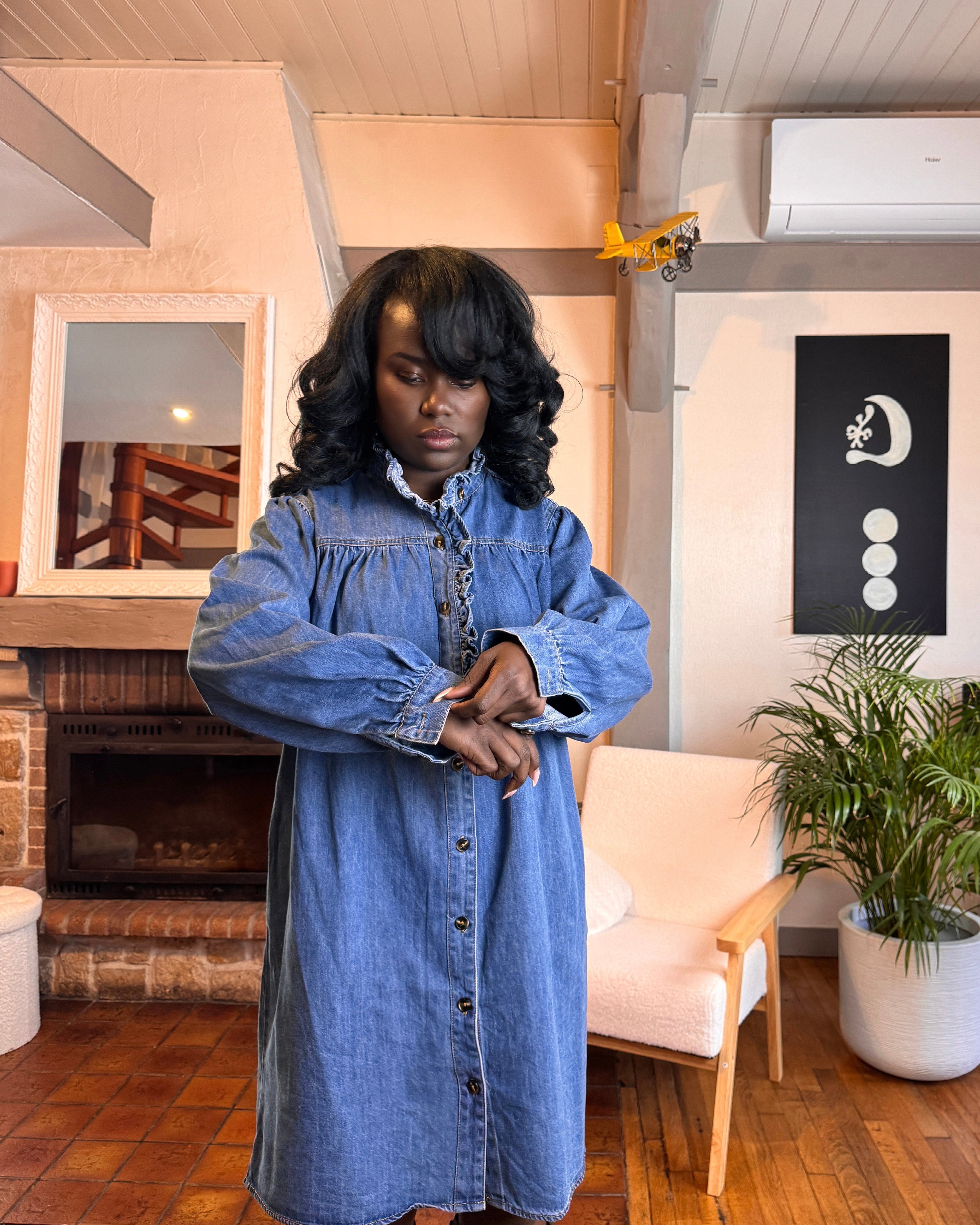 robe en jean courte, robe chemise femme jean, robe denim automne hiver, robe col montant, robe en jean 100% coton-beautifulshop