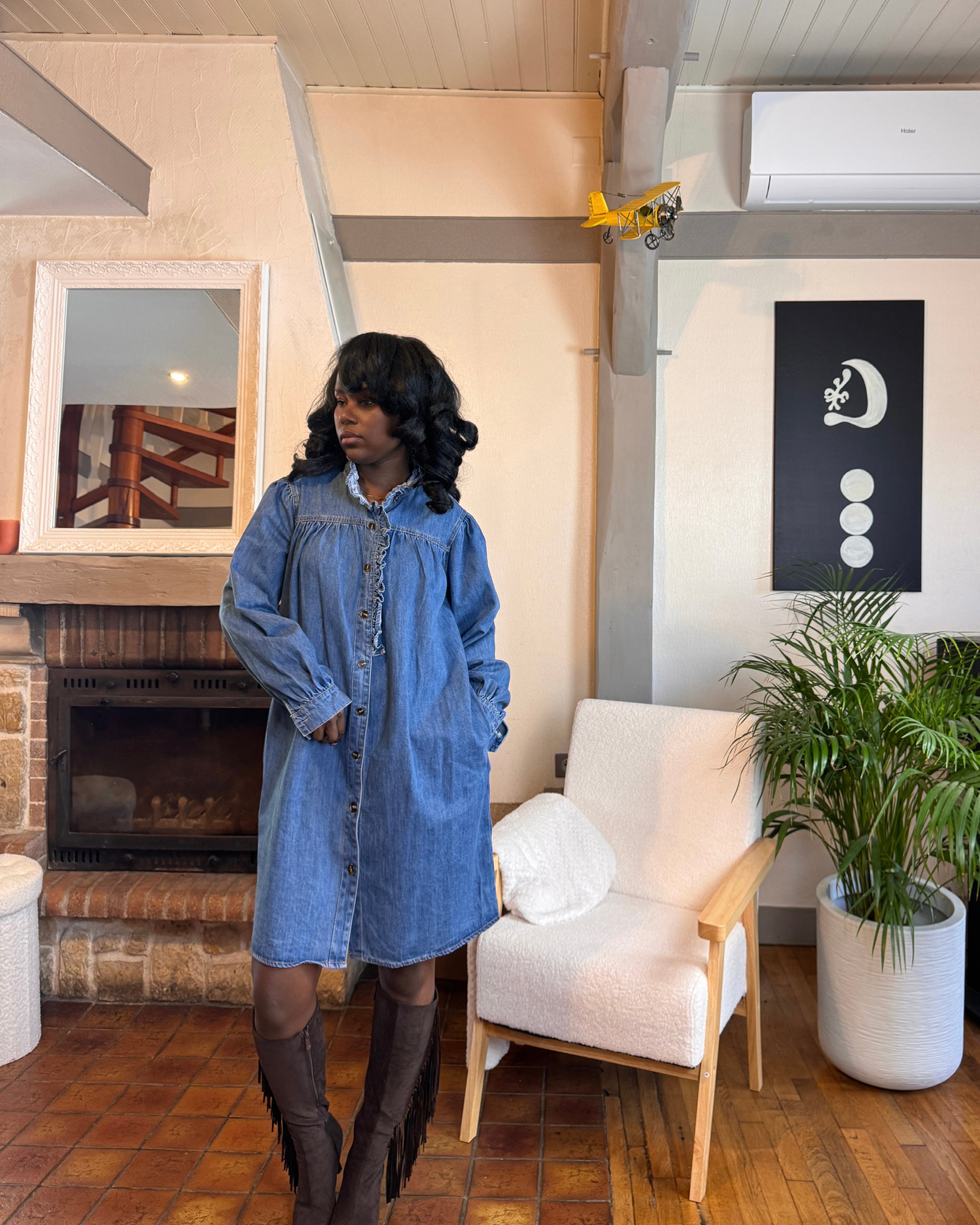 robe en jean courte, robe chemise femme jean, robe denim automne hiver, robe col montant, robe en jean 100% coton-beautifulshop