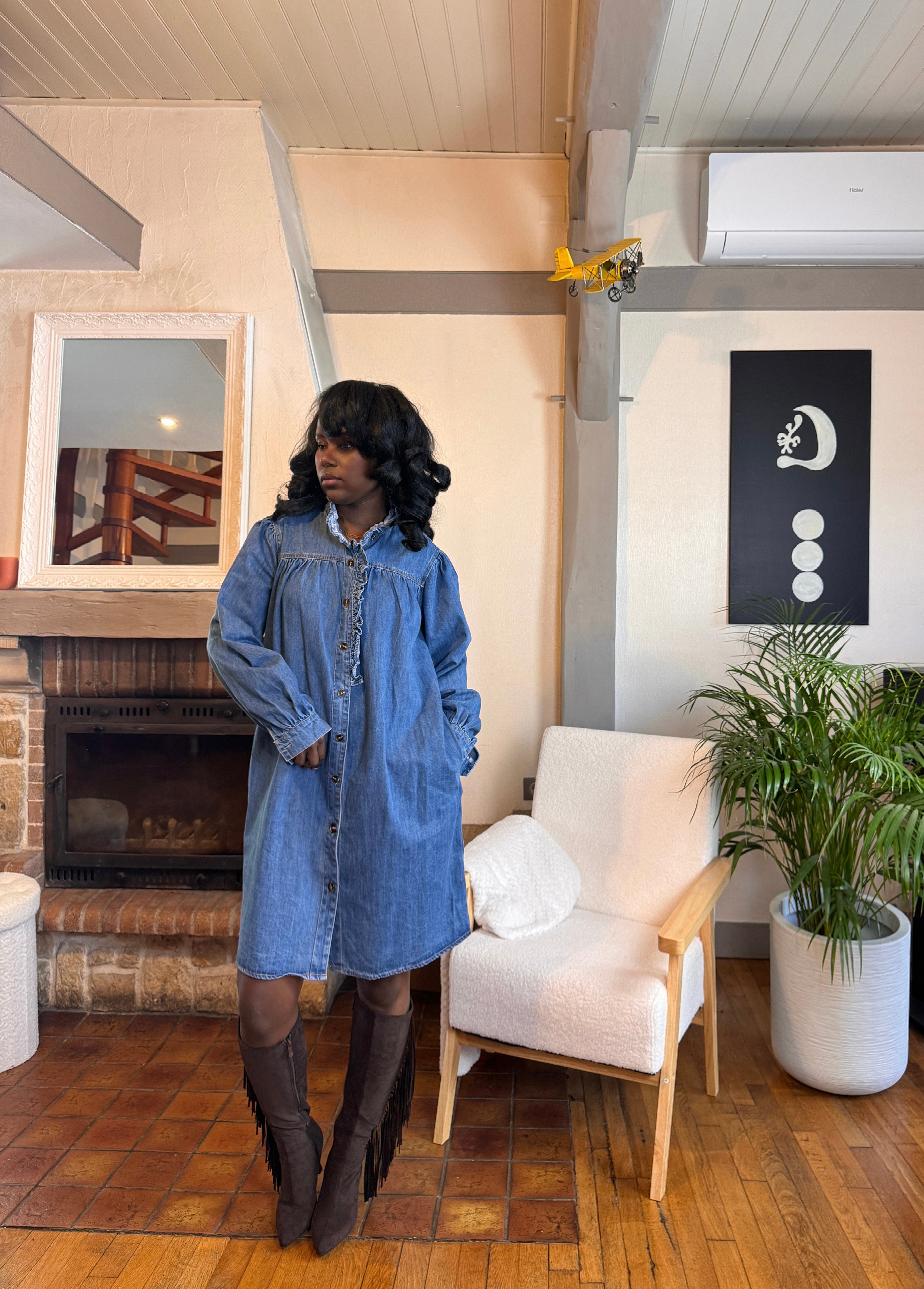 robe en jean courte, robe chemise femme jean, robe denim automne hiver, robe col montant, robe en jean 100% coton-beautifulshop