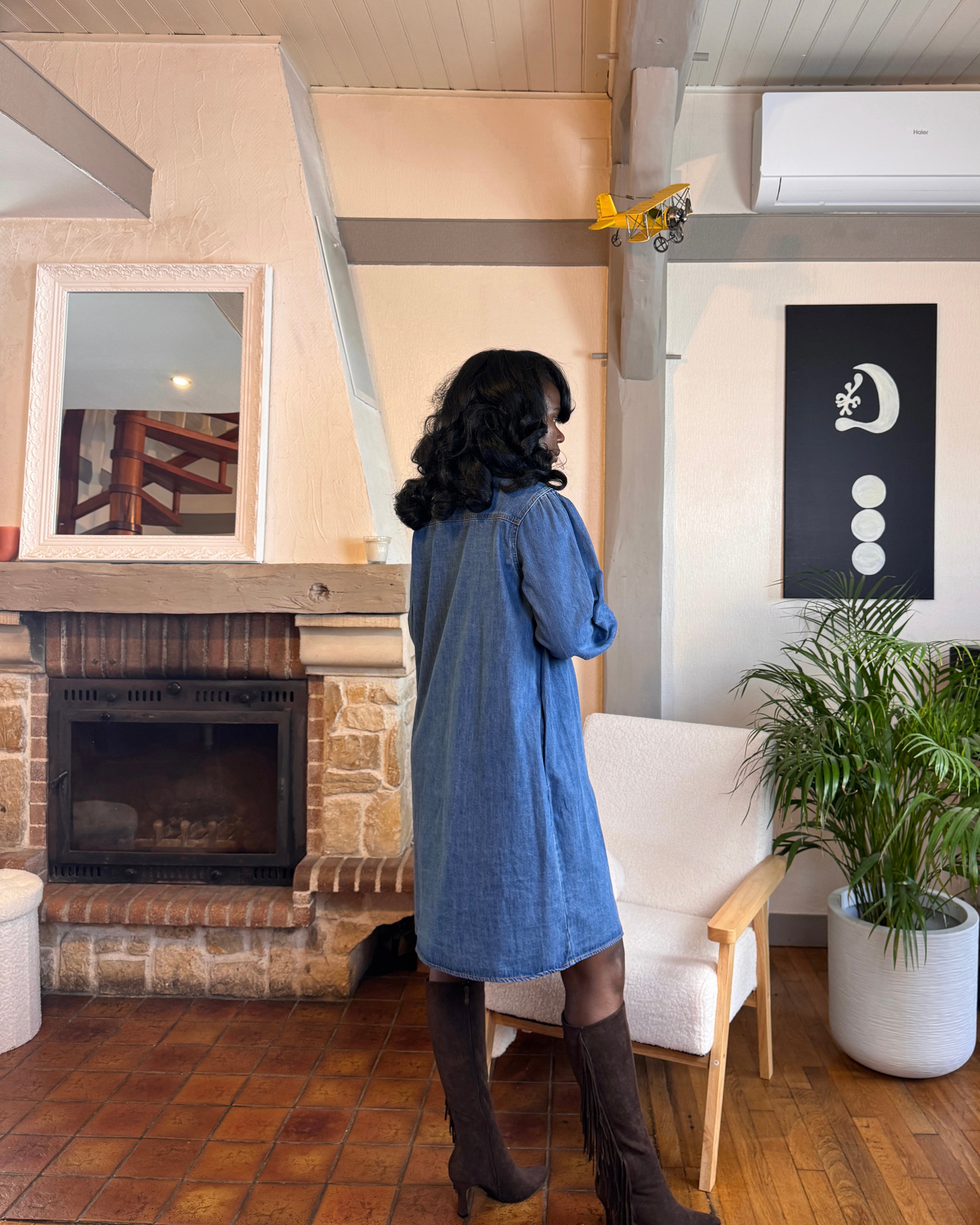 robe en jean courte, robe chemise femme jean, robe denim automne hiver, robe col montant, robe en jean 100% coton-beautifulshop