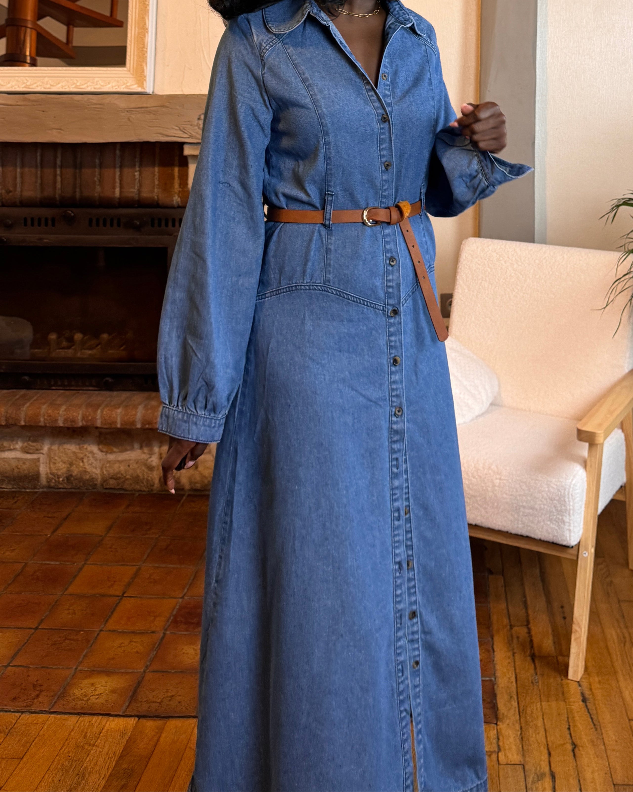robe longue en jean femme, robe jean ceinturée, robe chemise en jean, robe denim hiver, robe western femme, robe en jean 100% coton