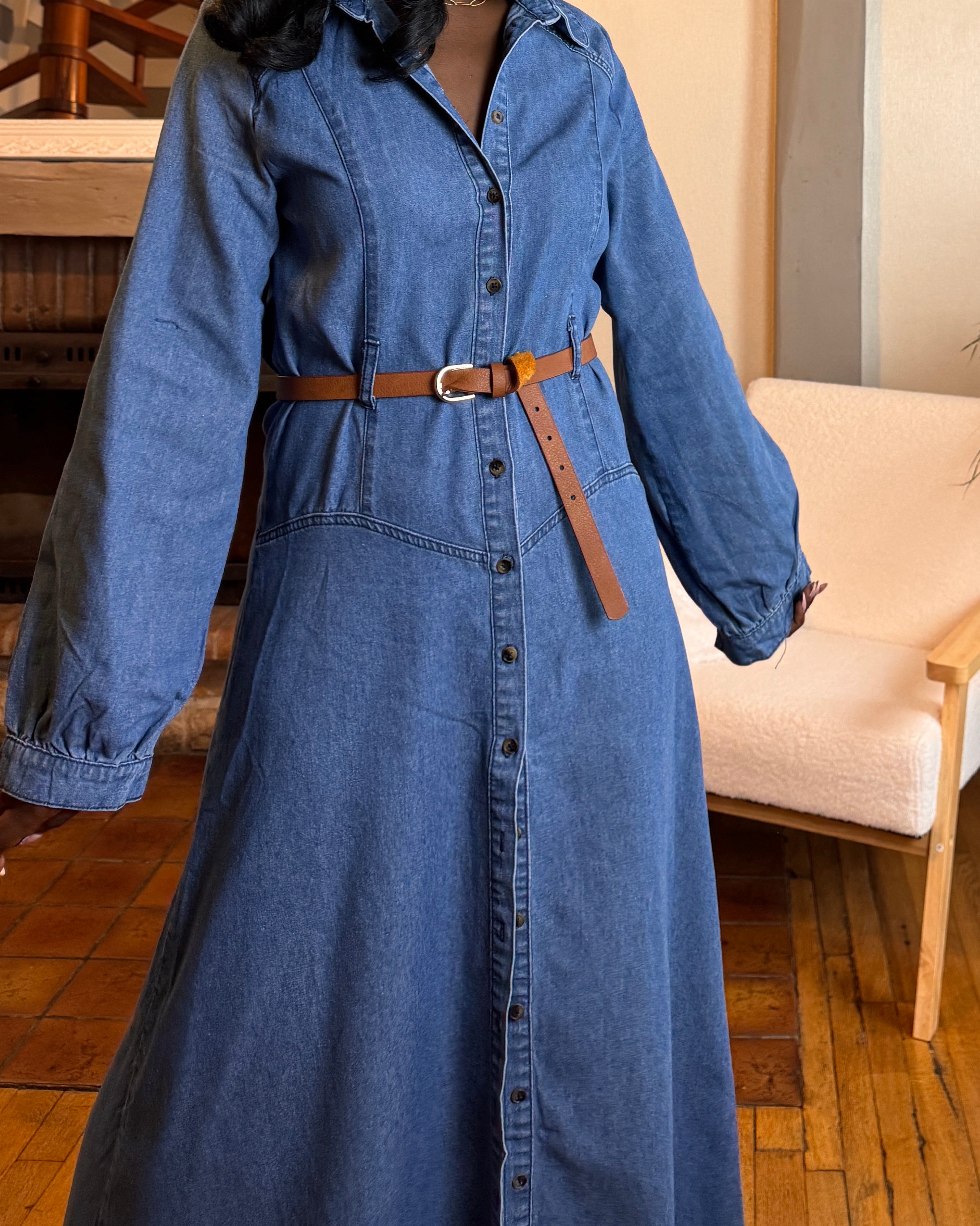 robe longue en jean femme, robe jean ceinturée, robe chemise en jean, robe denim hiver, robe western femme, robe en jean 100% coton