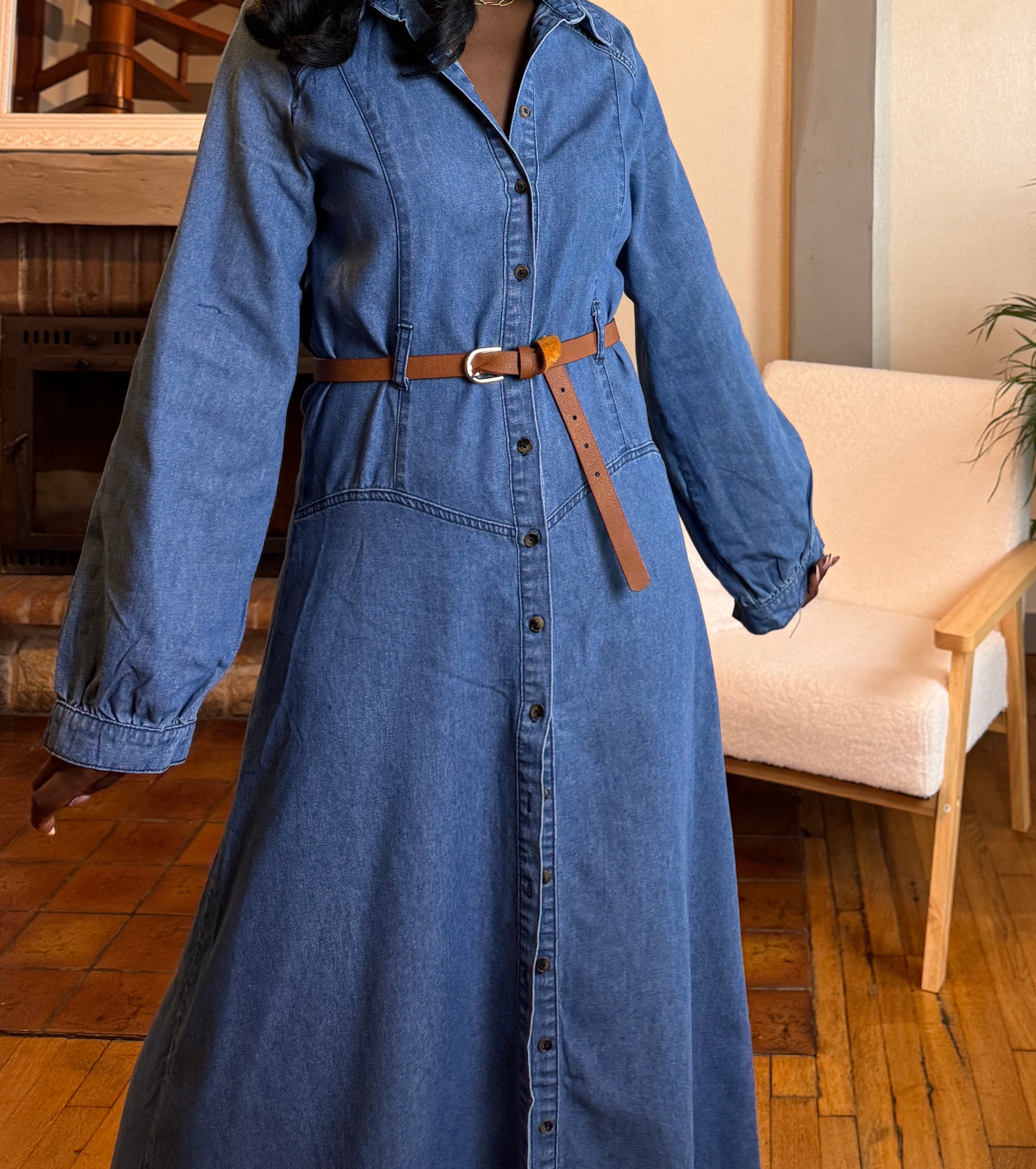 robe longue en jean femme, robe jean ceinturée, robe chemise en jean, robe denim hiver, robe western femme, robe en jean 100% coton