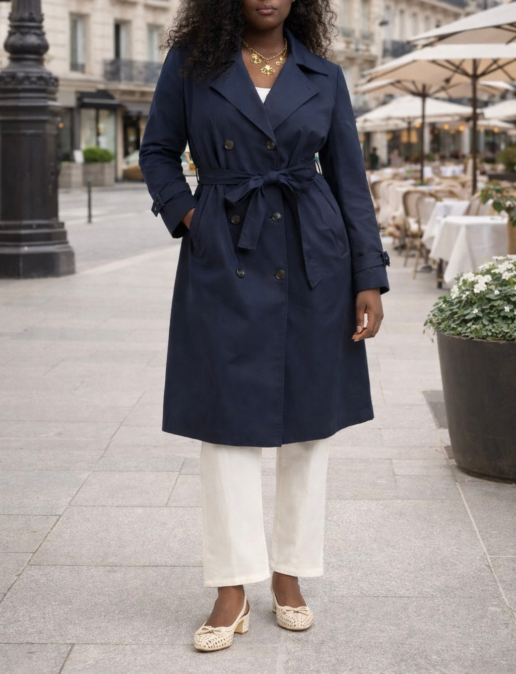 Trench long bleu marine ceinturé – Beautiful Shop