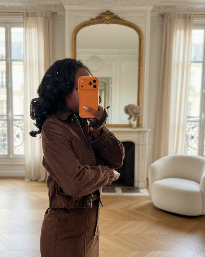 Veste bomber en velours côtelé café et Jupe droite en velours café avec ceinture – Beautiful Shop