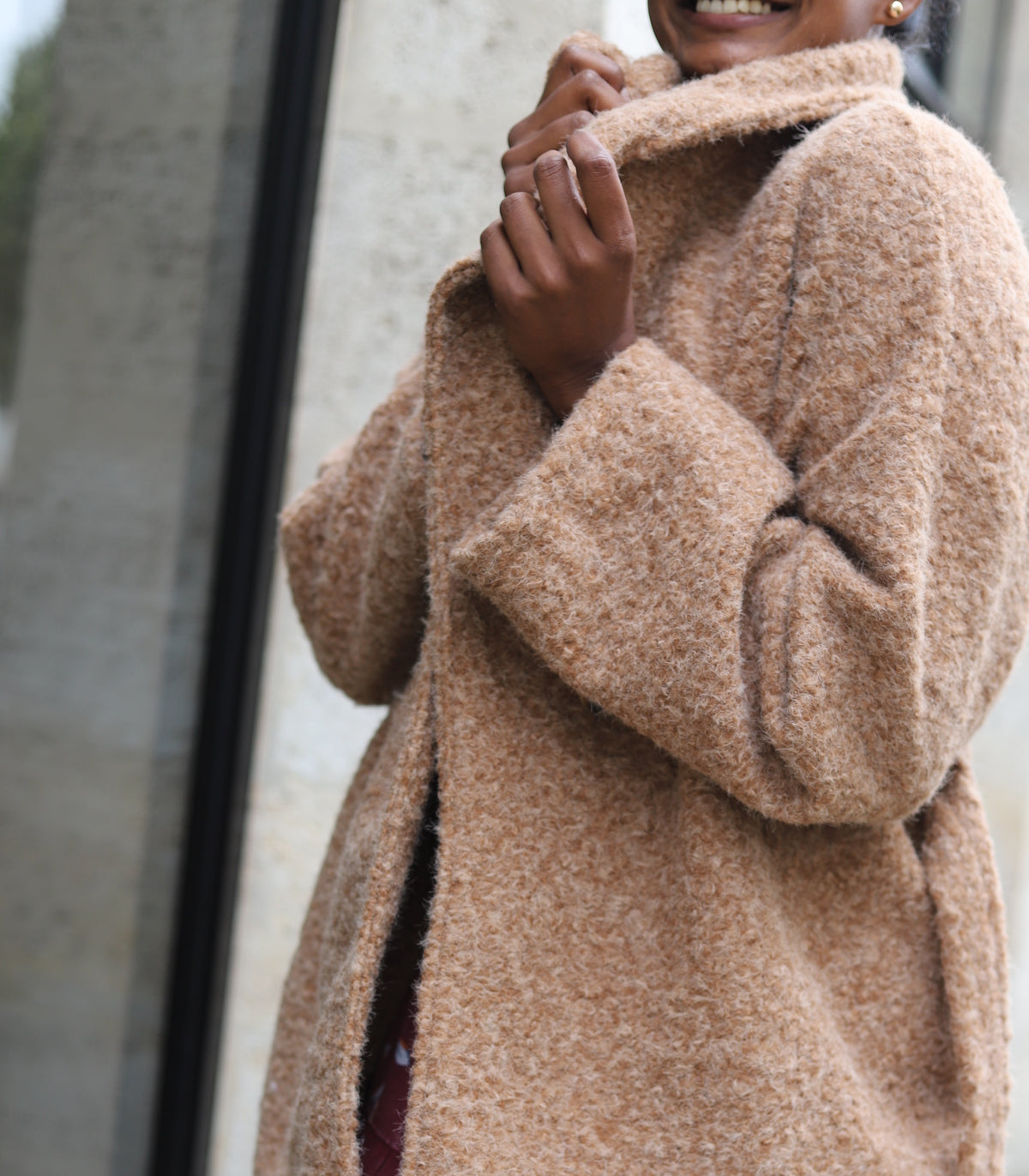 Veste camel ceinturée en tissu bouclé – Beautiful Shop