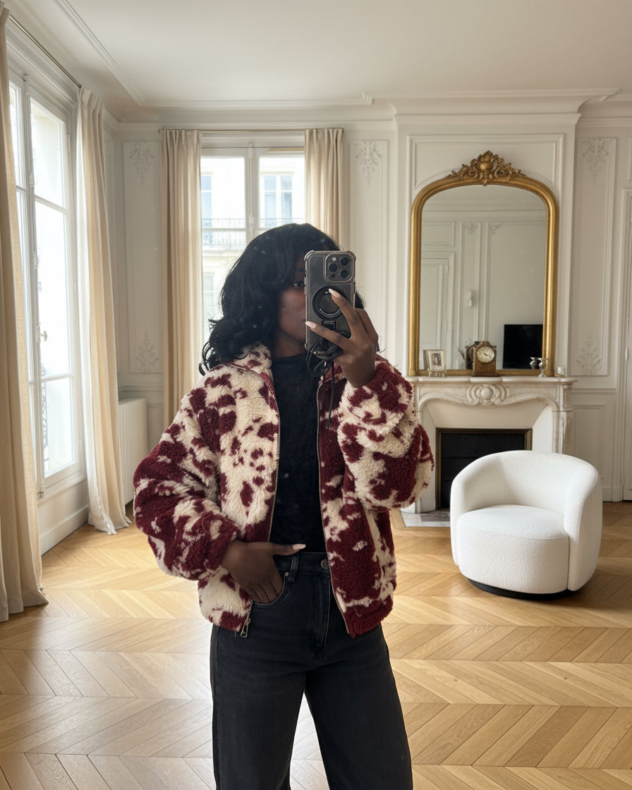 Veste polaire zippée à imprimé vache rouge et blanc – Beautiful Shop
